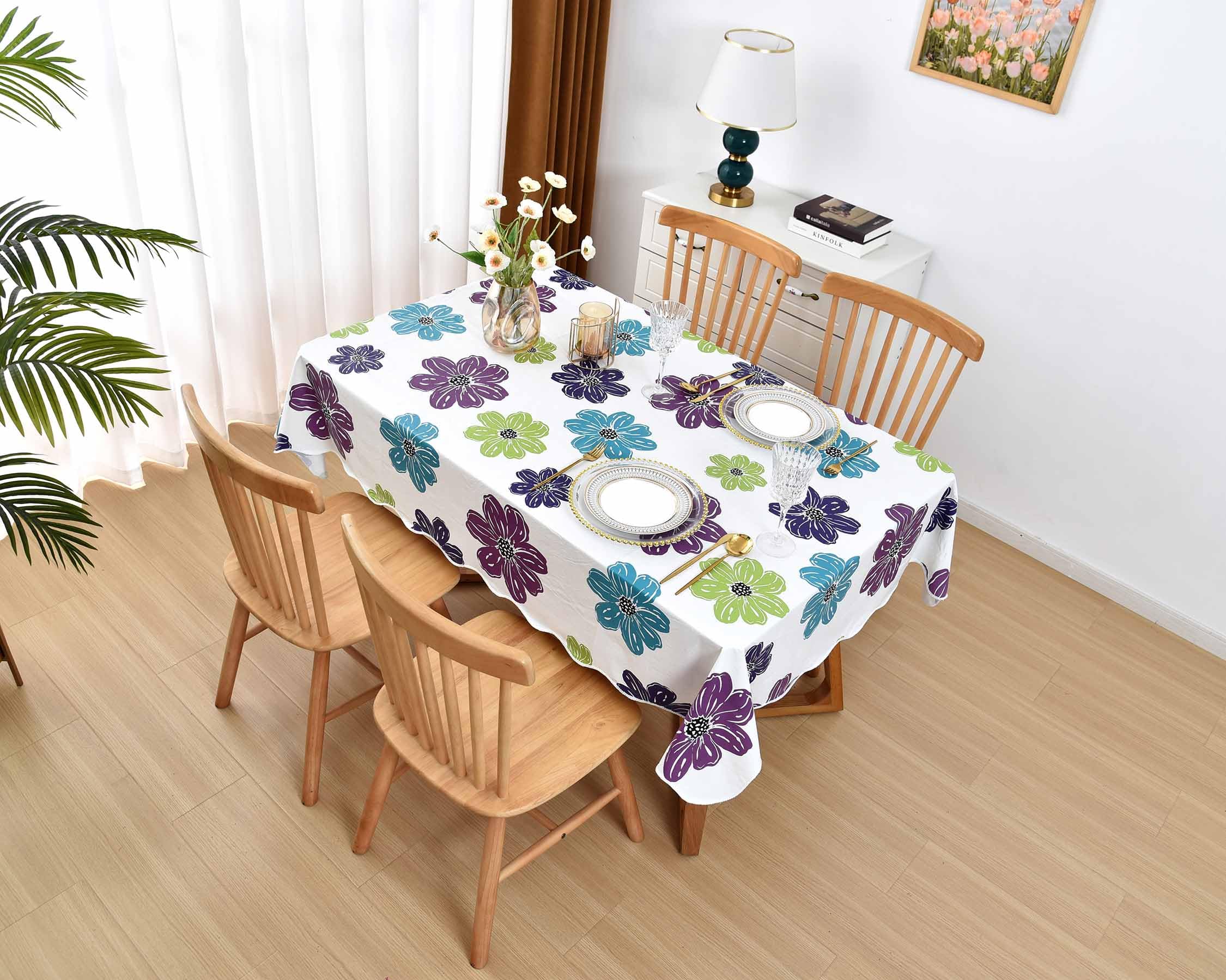 Summer Floral Tablecloth 54X72 Inch, Purple Flower Table Cloth, Rectangle Tablecloth Plastic, Vinyl Flannel Backed Tablecloth, W