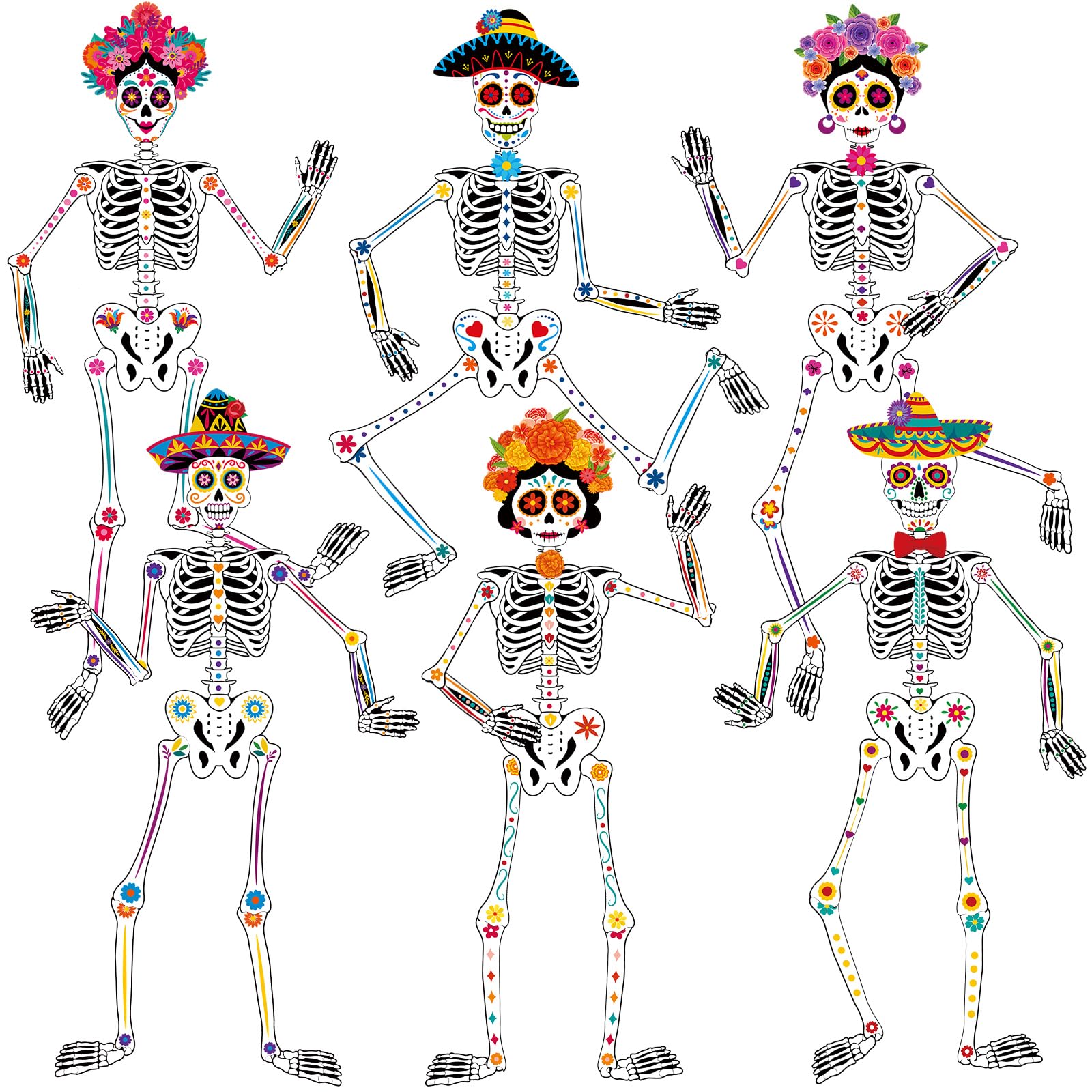 WinnerWhy 6 Pcs 51 Inches Large Halloween Jointed Skeletons Paper Cutout Day of The Dead Jointed Skeletons Hanging Decorations D