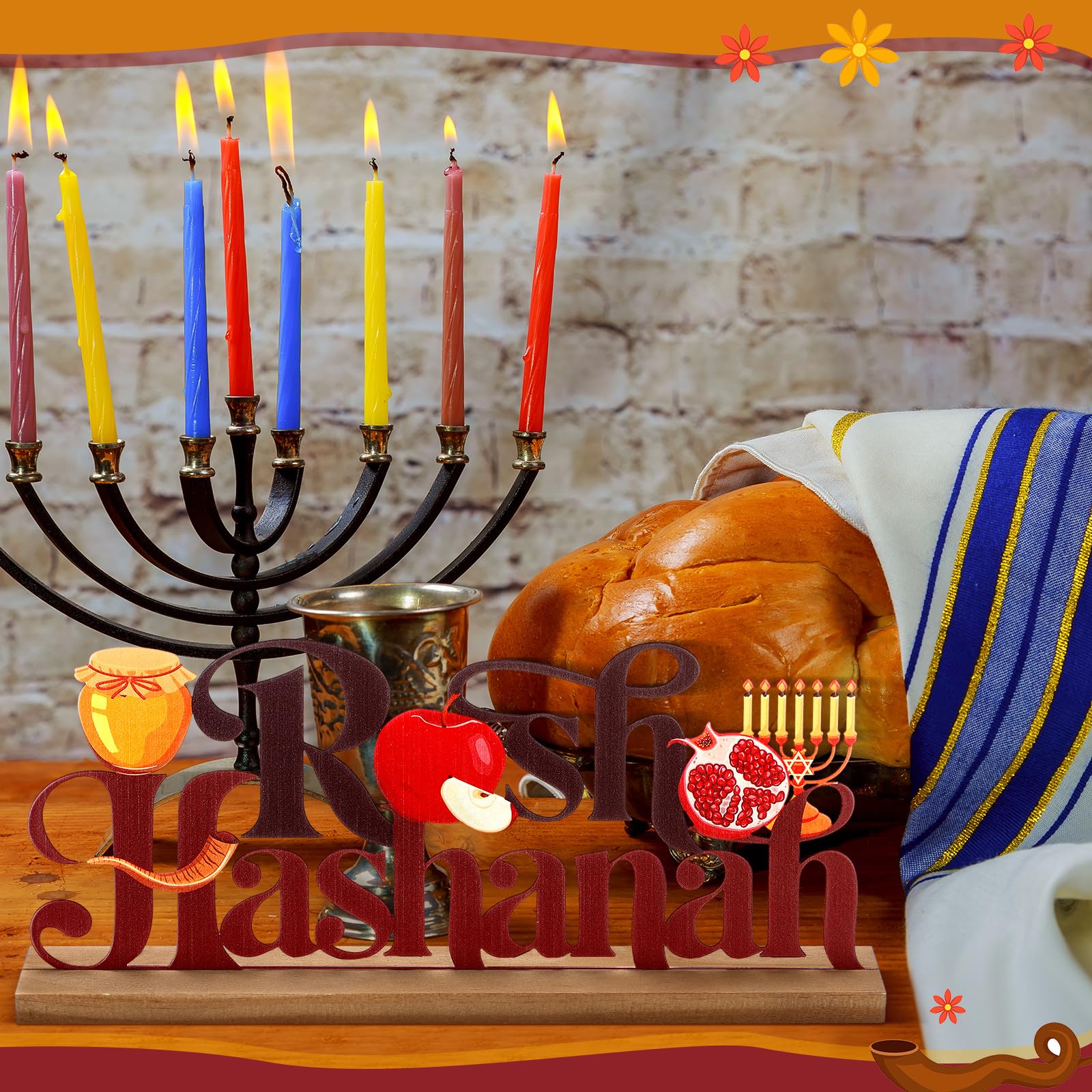 MiniInflat Rosh Hashanah Metal Sign Jewish New Year Table Centerpiece Tiered Tray Decor with Wooden Base Apple Pomegranate Decor
