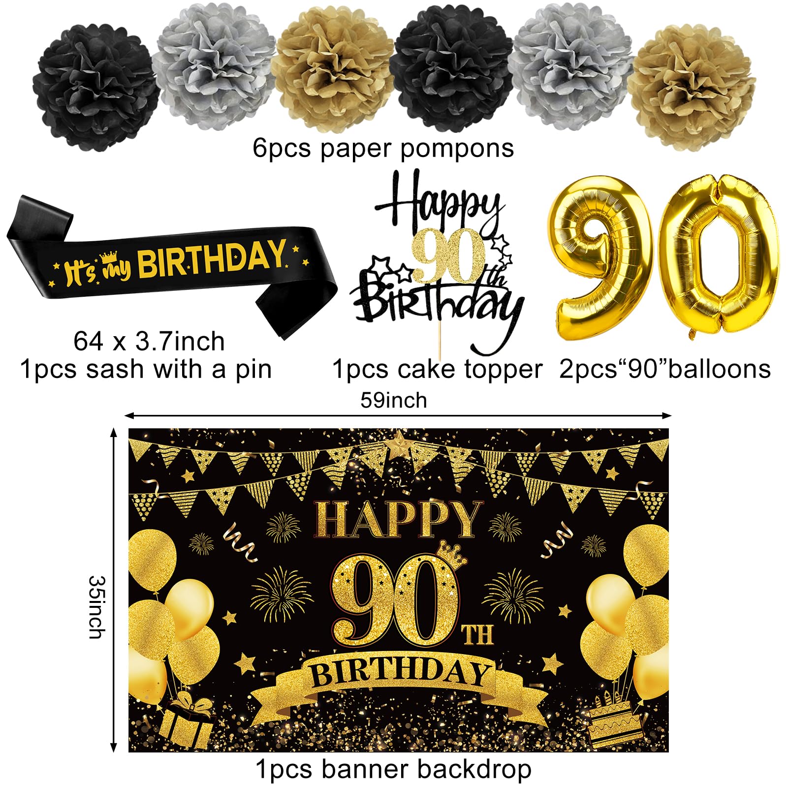 Eucutur 42Pcs 90Th Birthday Decoration Kit For Men Women, Black Gold Happy 90Th Bday Banner Balloons Honeycomb Centerpiece Swirl