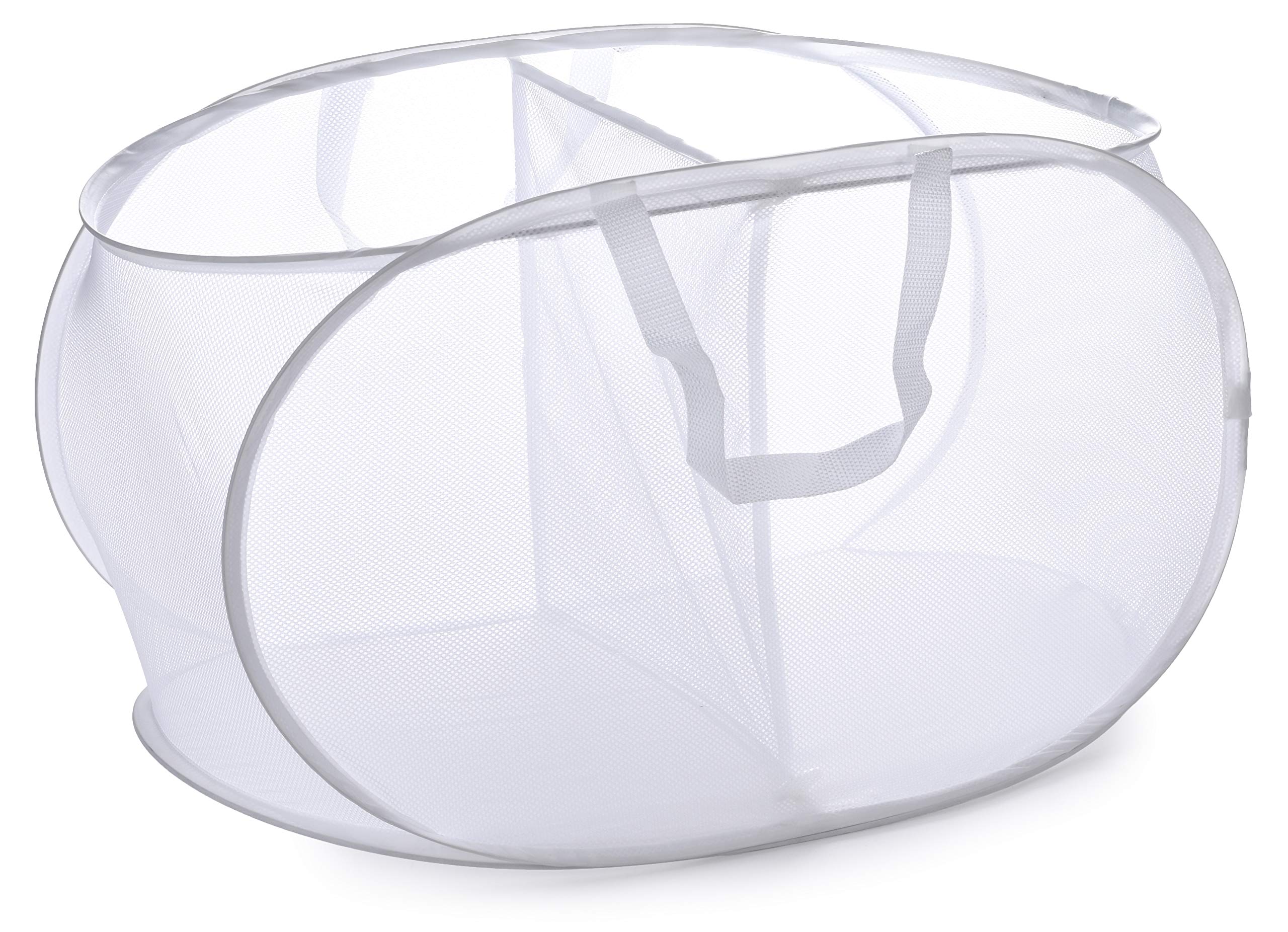 Popup Laundry Basket, Two Compartments - Durable Mesh Material, Folds For Storage, Easy Carry Handles. Folding Pop-Up Laundry Ba
