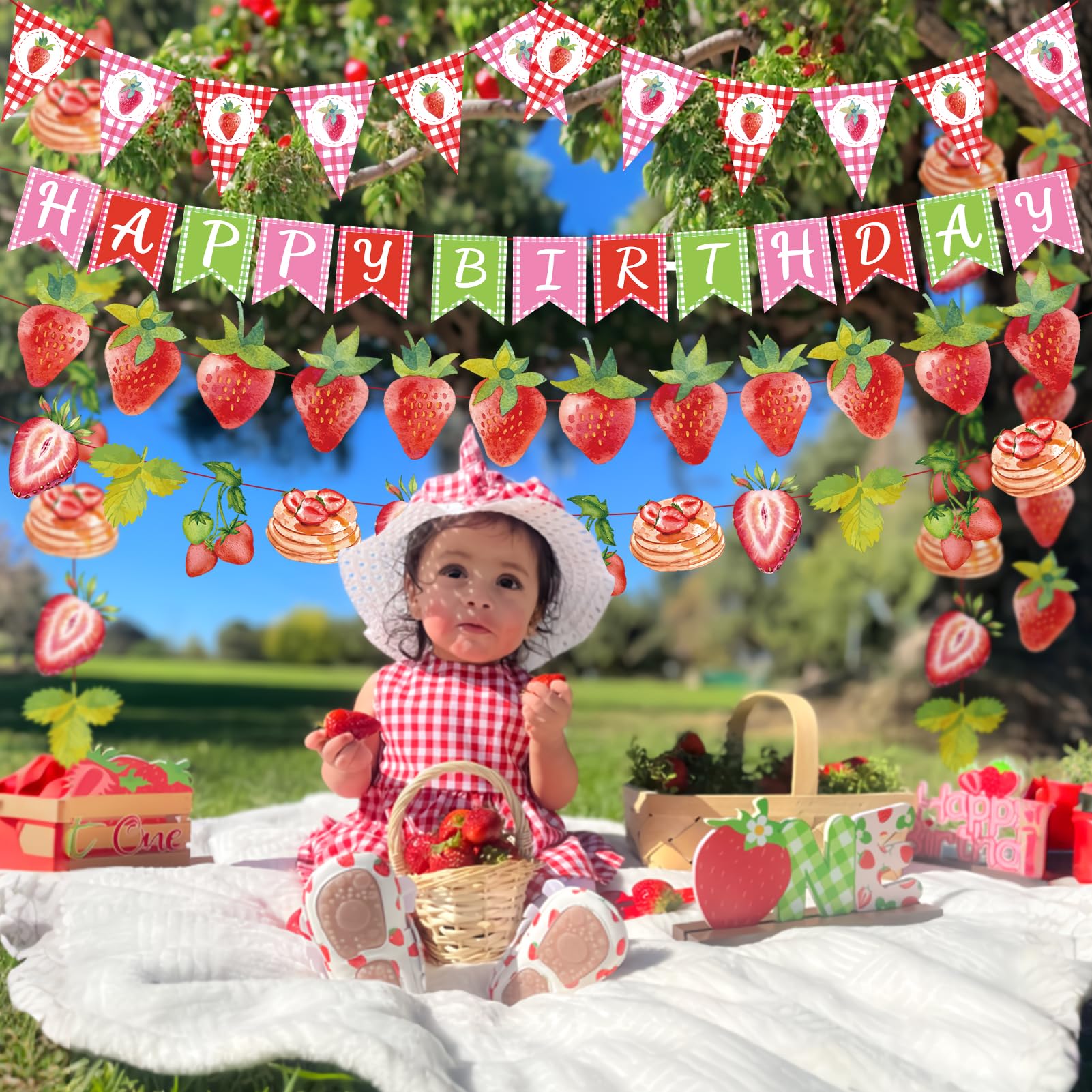 Homarkable Strawberry Birthday Banners, 5 Pcs Girl Party Banners, Berry First Birthday Decor for Girls, Strawberry Baby Shower