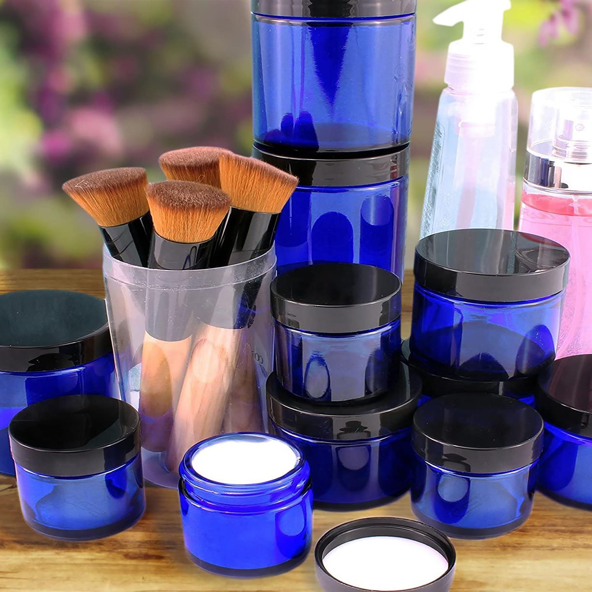 Combination 12 Pack of Cobalt Blue 1oz & 2oz Glass Straight Sided Jars  Lids Included; Empty Refillable Containers for Cosmetics  Creams  Lotions