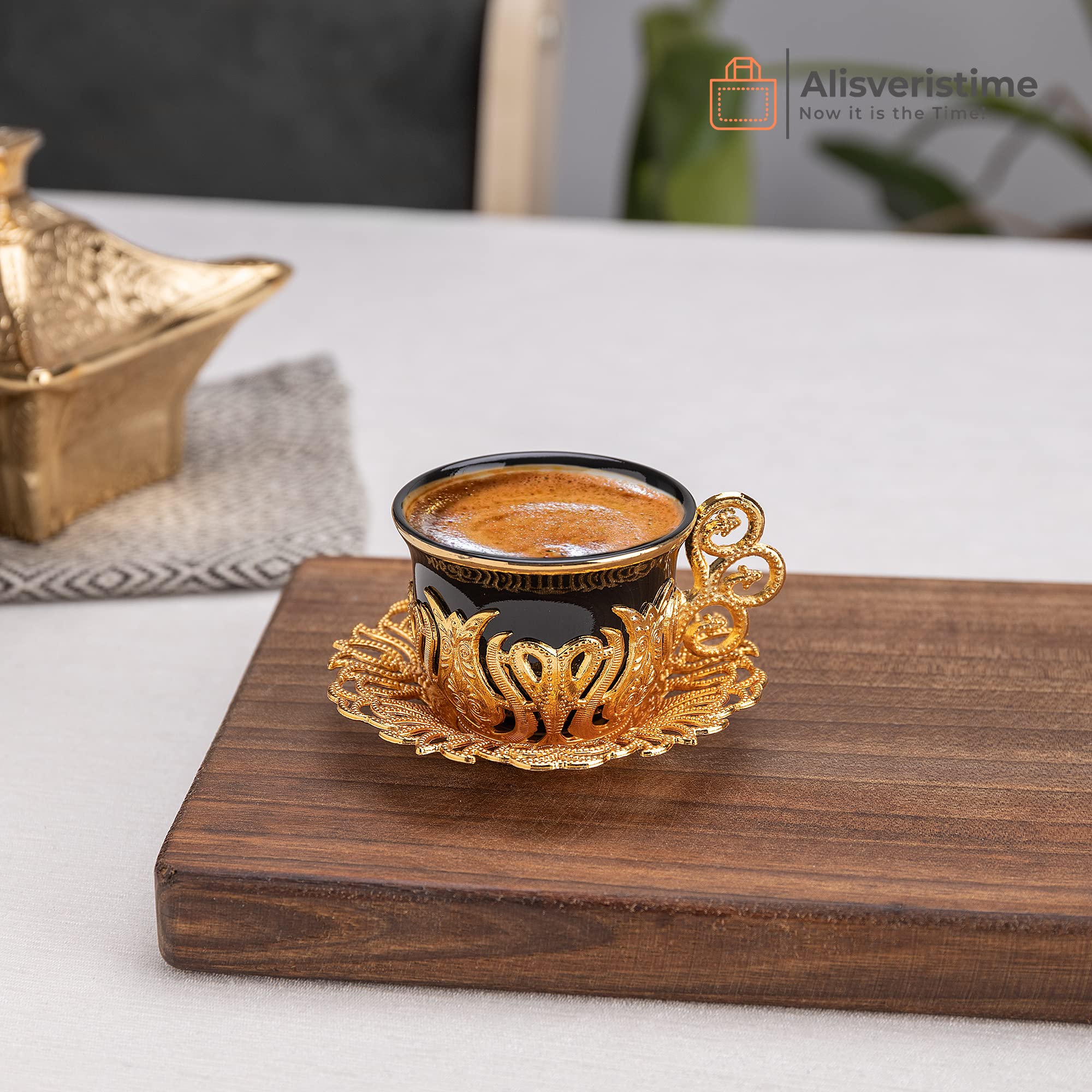 Alisveristime 12 Pc Turkish Greek Arabic Coffee Espresso Cup Saucer Porcelain Set (Black Gold)