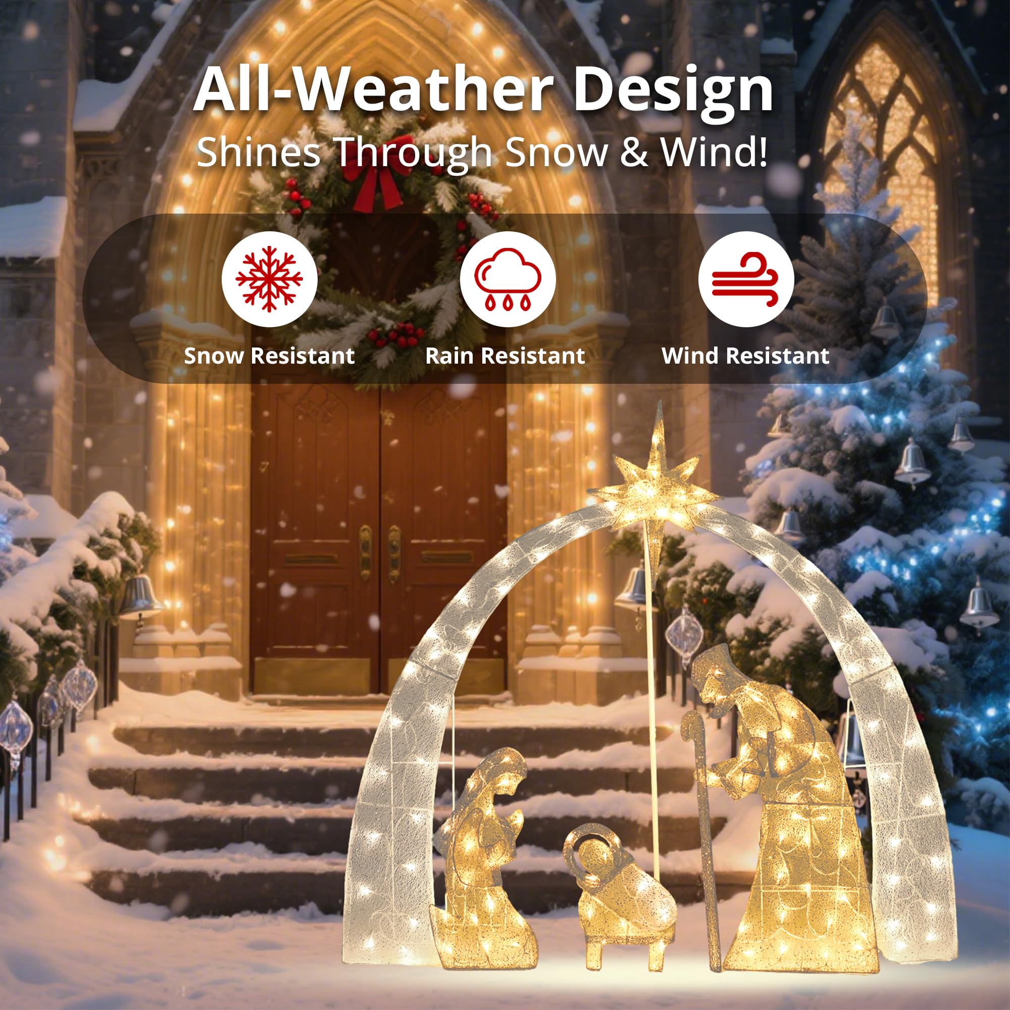 VELTENOVAIRE Outdoor Nativity Scene Christmas Decorations, 54 H Lighted Arch Holy Family Holiday Yard Set, Easy Setup, 115 Warm