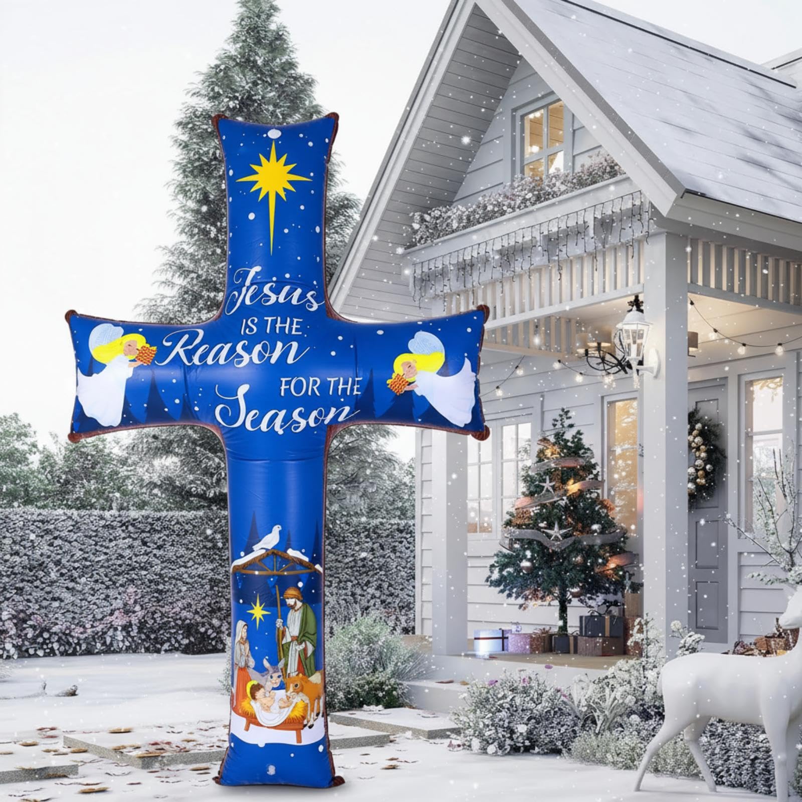 Blueweenly 6FT Christmas Inflatable Nativity Scene Decoration Cross Blow up Outdoor Decor Jesus is The Reason for The Season Chr
