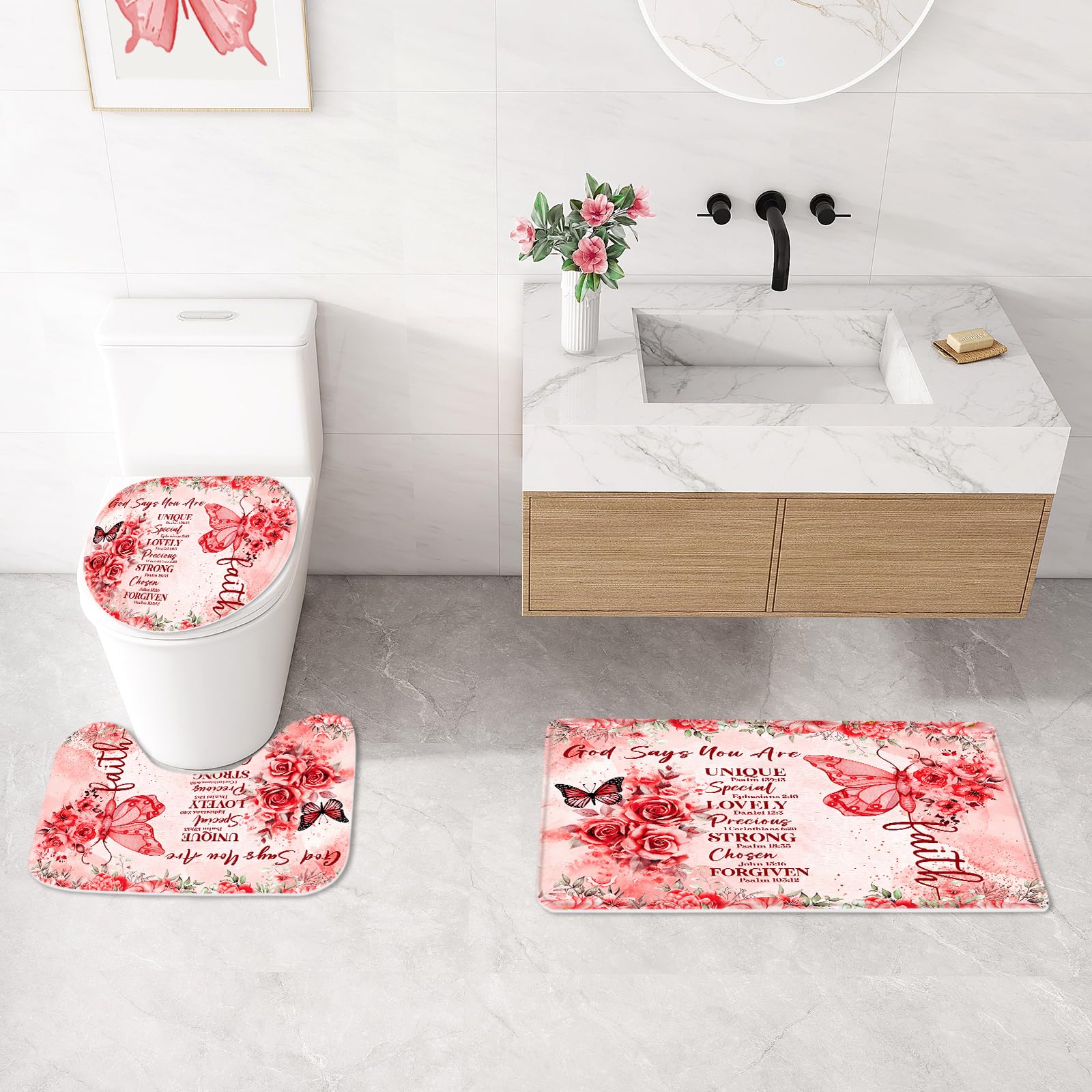 Litabel 4 Pcs Red Butterfly Inspirational Quotes Shower Curtain Set With Rugs And Toilet Lid Cover, Colorful Boho Waterproof Fab
