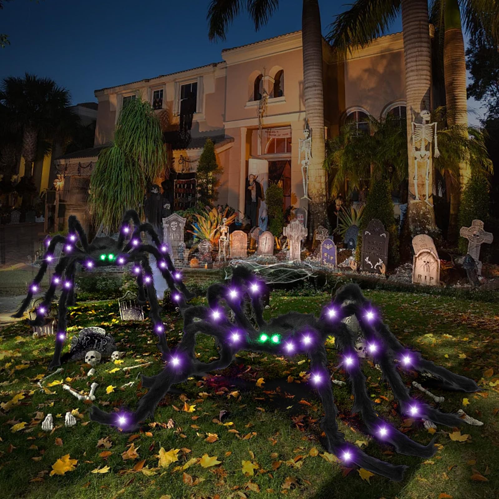 VOMAOK Halloween Spider Decorations 4ft Light Up Giant Spider(2 Pack) with Green Lighted Eyes for Indoor Outdoor Halloween Decor