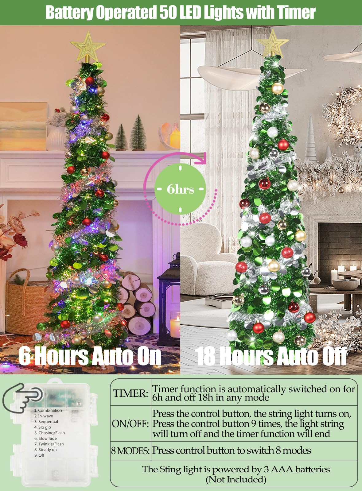 SINTENILL 5 FT Pop Up Christmas Tree with Timer Lights and Decorations, Green Artificial Tinsel Christmas Tree with 24 Ball Orna