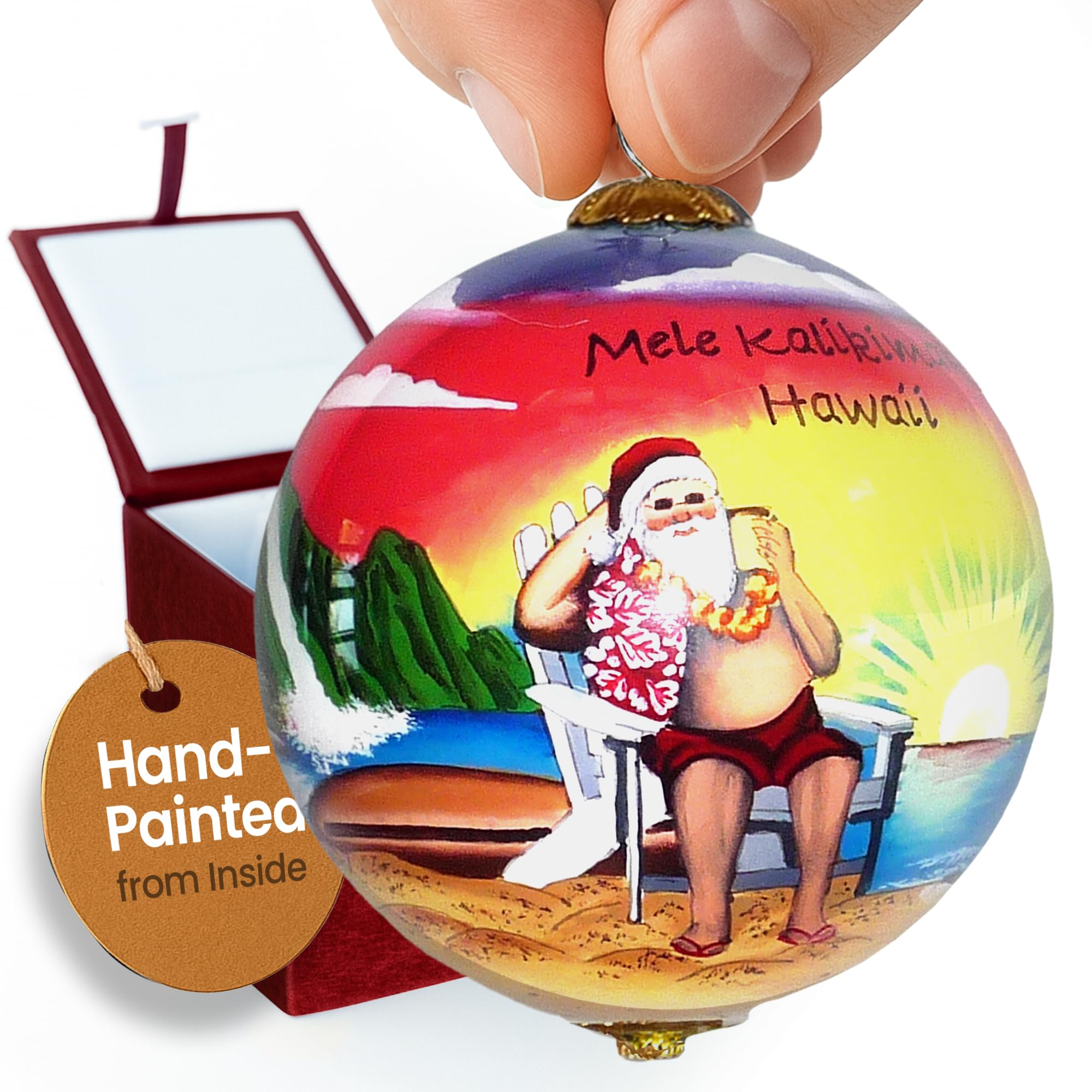 Collectible Hawaiian Santa Christmas Hand-Painted Glass with Gift Box Ornament MK/H