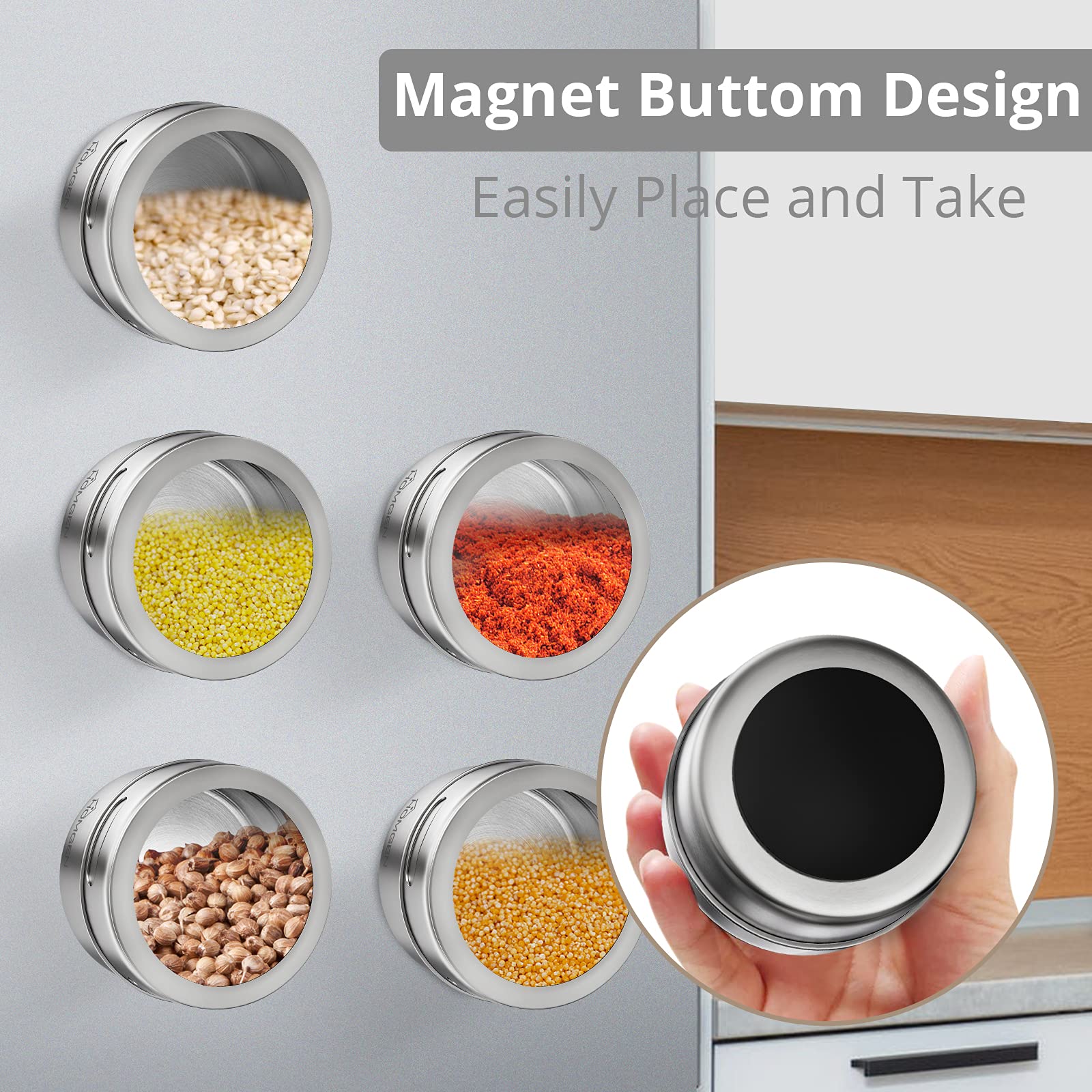 HOMGEN 12PCS Stainless Steel Magnetic Spice Jars Set 3.4oz Magnetic Spice Containers Magnetic Spice Jars for Refrigerator BBQ Magnet Spice Tins Set with Lids Labels and Chassis for Kitchen Camping etc