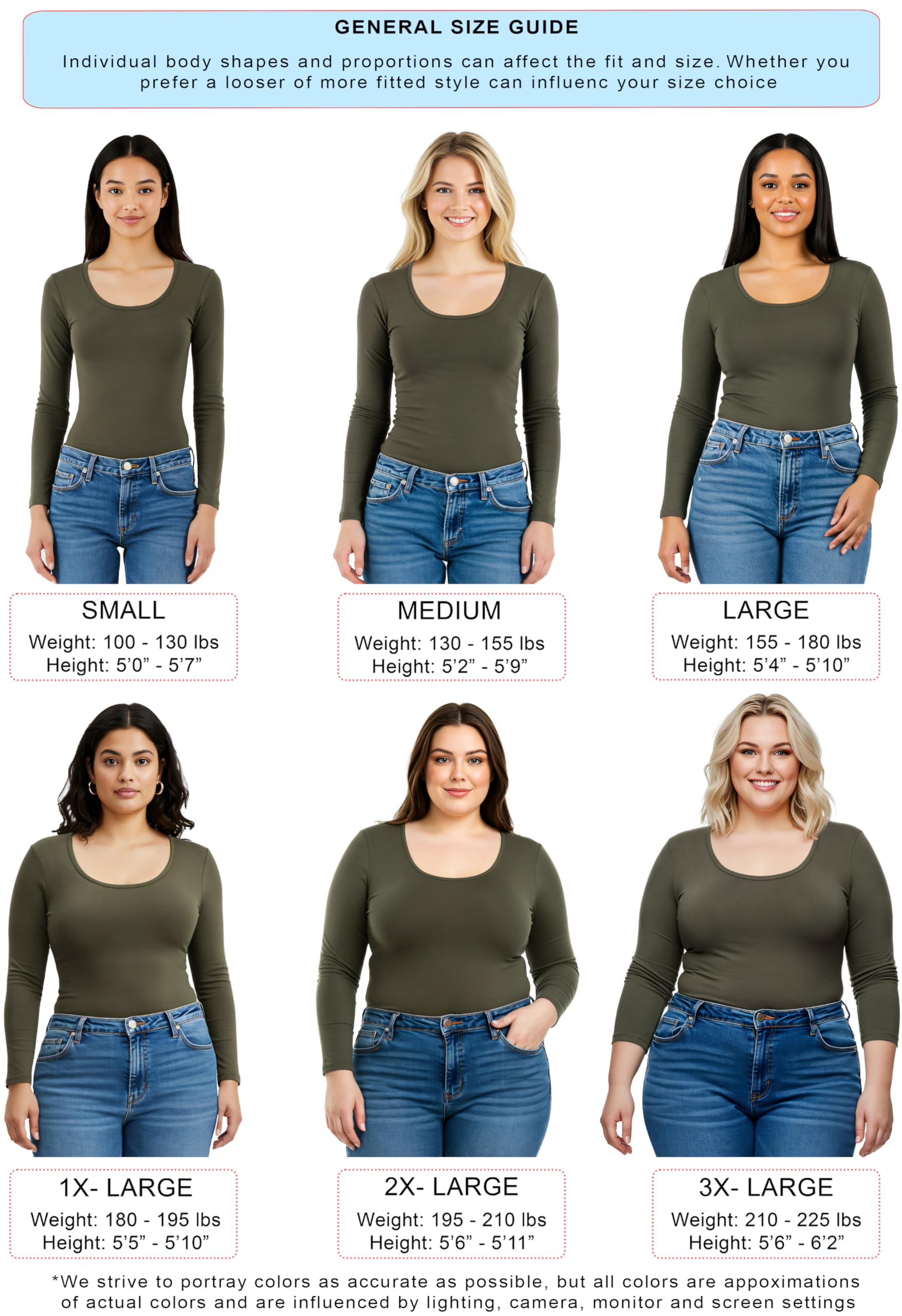 Emmalise Womens Junior And Plus Size Basic Scoop Neck Tshirt Long Sleeve Tee, Large, 3Pk Black, Olive, White
