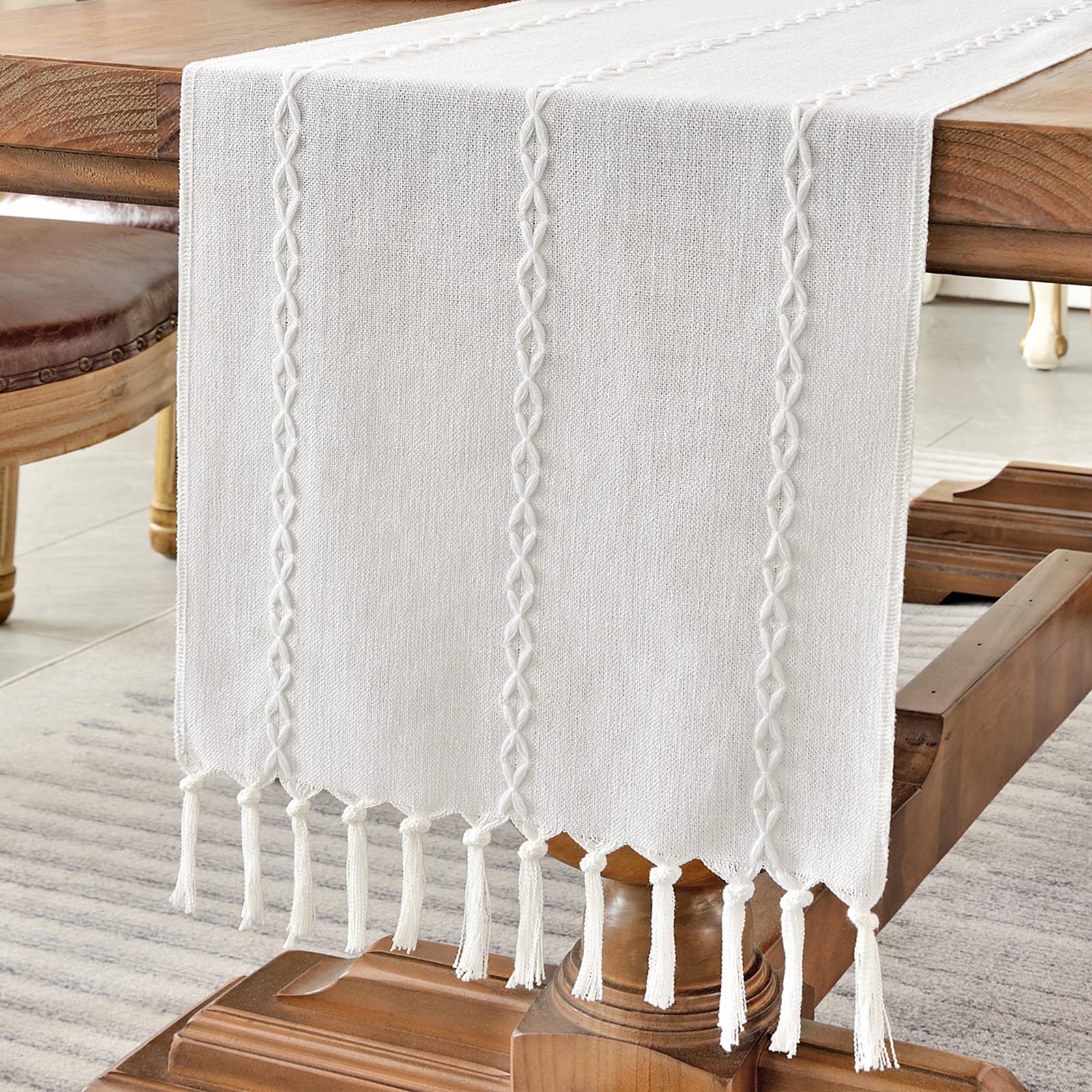 Wracra Rustic Linen Table Runner Farmhouse Style Table Runners 60 Inches Long Embroidered Table Runner With Hand-Tassels For Par