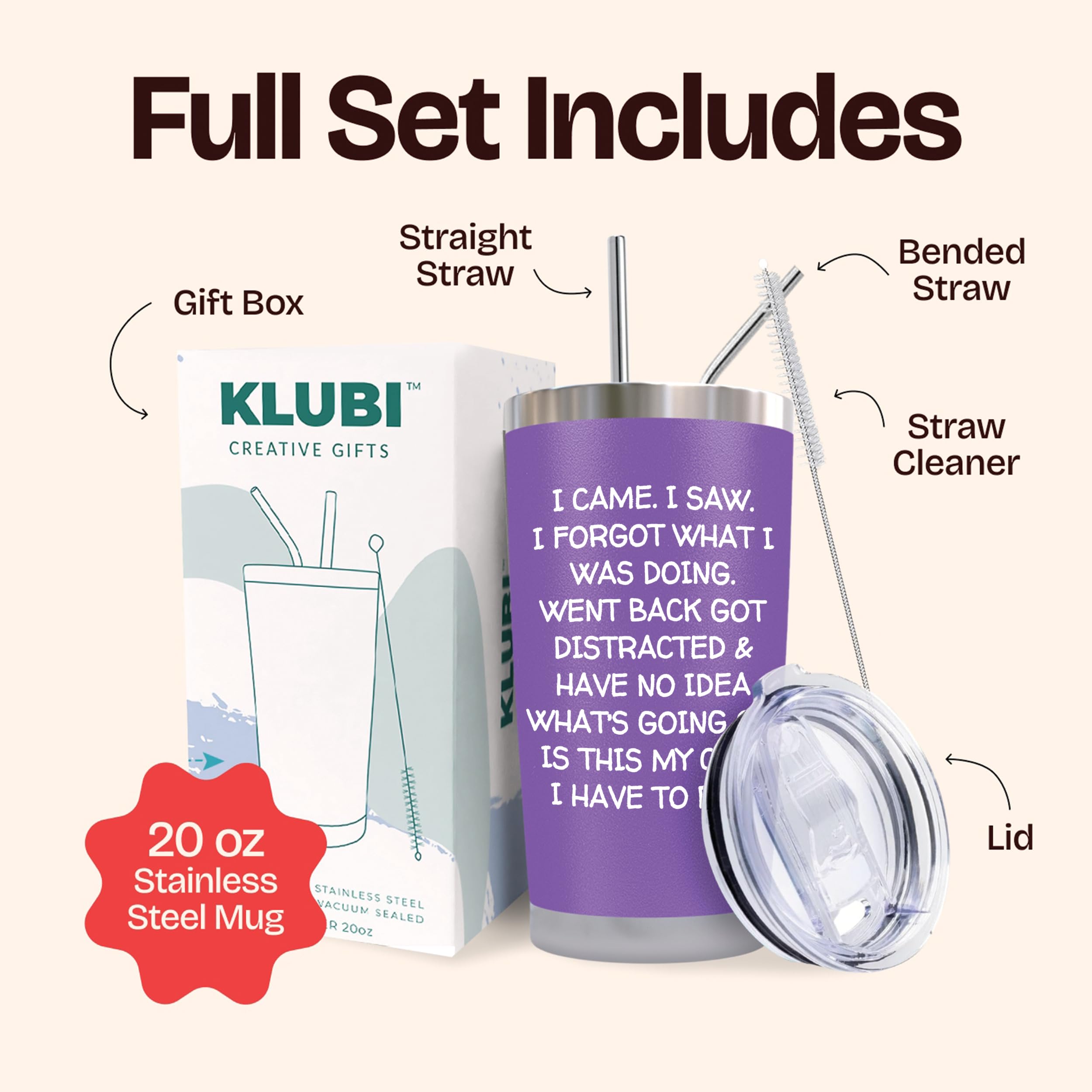 KLUBI Fun Birthday Gifts for Women - I Came I Saw I Forgot Tumbler 20oz Purple Drinking Cups for Elderly Senior Citizen Tumbler