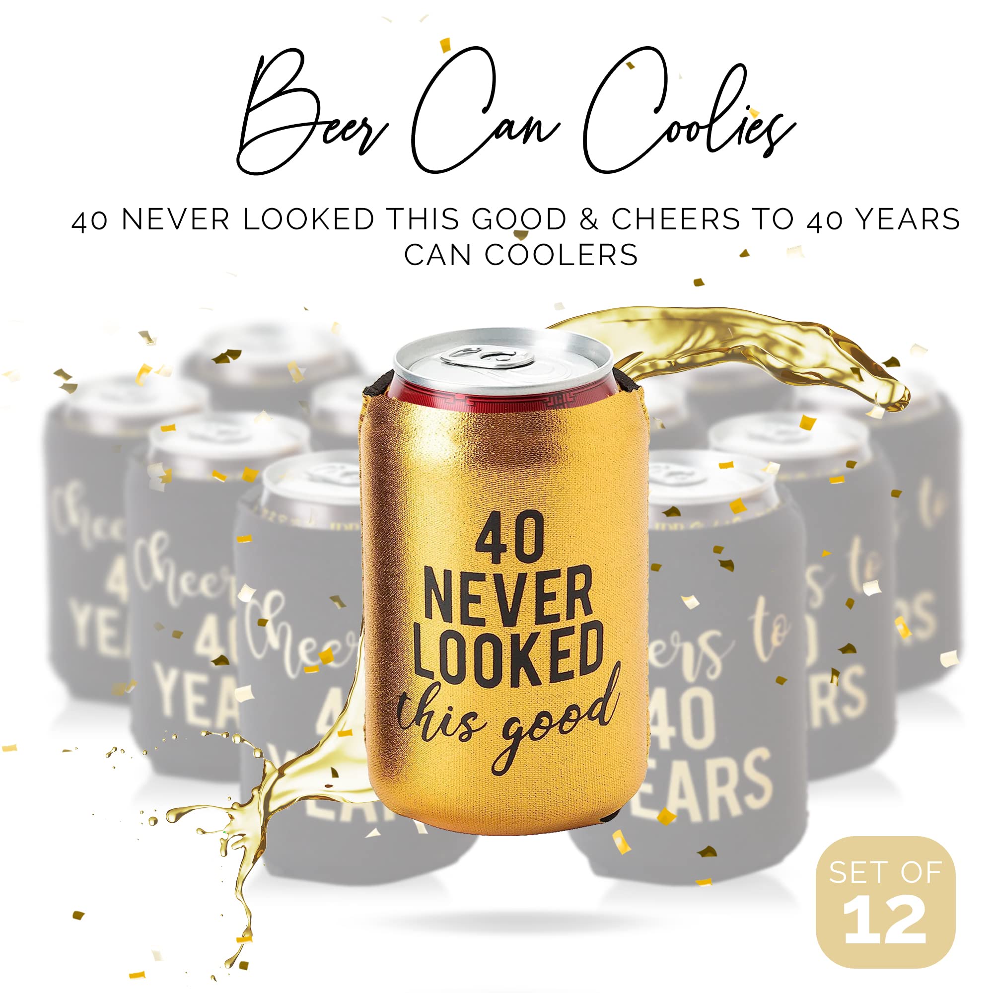 Cheers To 40 Years And 1 Metallic Gold ''40 Never Looked So Good'' Birthday Party Can Coolies, Set Of 12, Black And Gold 40Th Bi