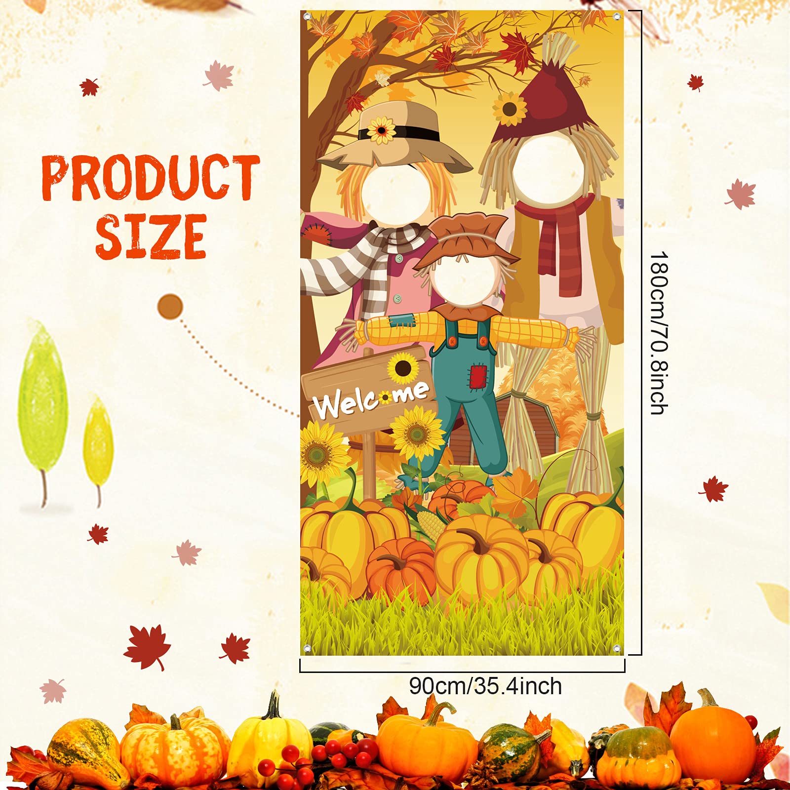 Thanksgiving Party Scarecrow Backdrop Decoration,Pumpkins Sunflower Photo Door Banner Cover Harvest Maple Fall Leaves For Autumn