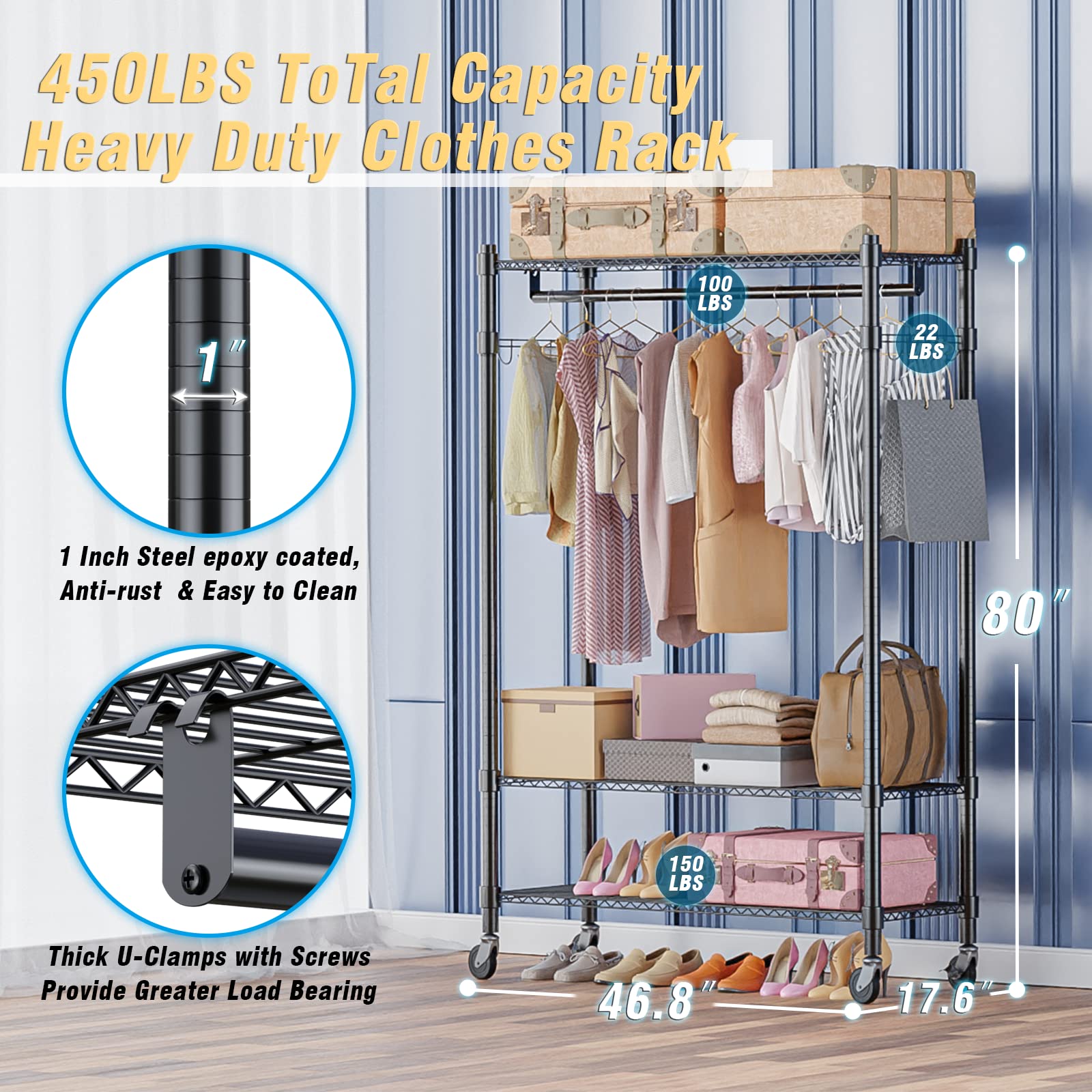 Homdox Double Rod Closet 3 Shelves Wire Shelving Clothing Rolling Rack Heavy Duty Garment Rack With Wheels And Side Hooks
