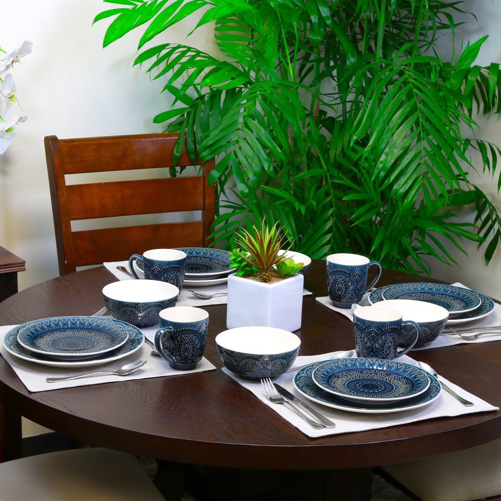 Elama Decorated Round Stoneware Deep Embossed Dinnerware Dish Set, 16 Piece, Dark Navy Blue
