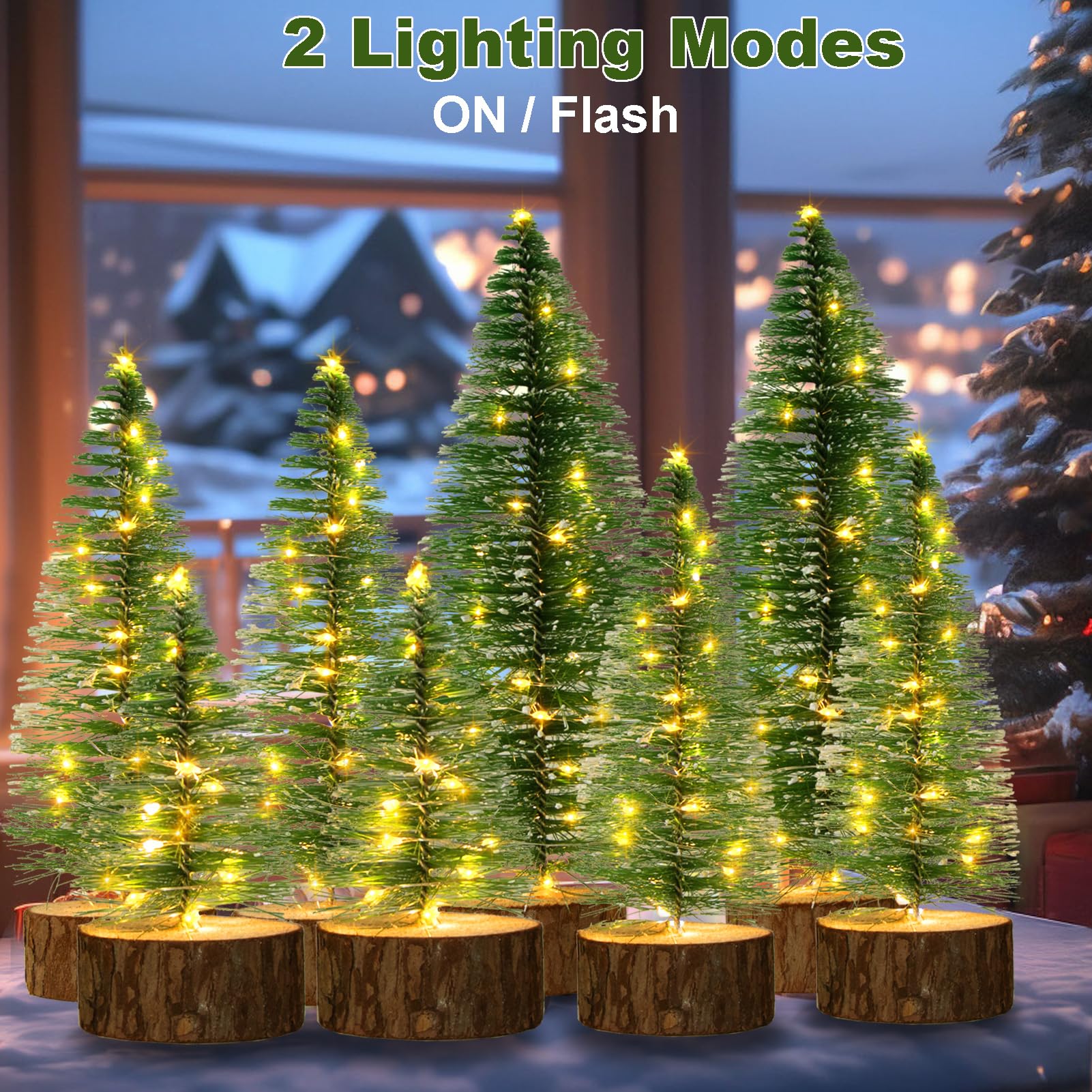 8 PCS Mini Christmas Trees, 2 Modes Artificial Bottle Brush Trees with Timer LED String Lights Desktop Small Pine Trees with Woo
