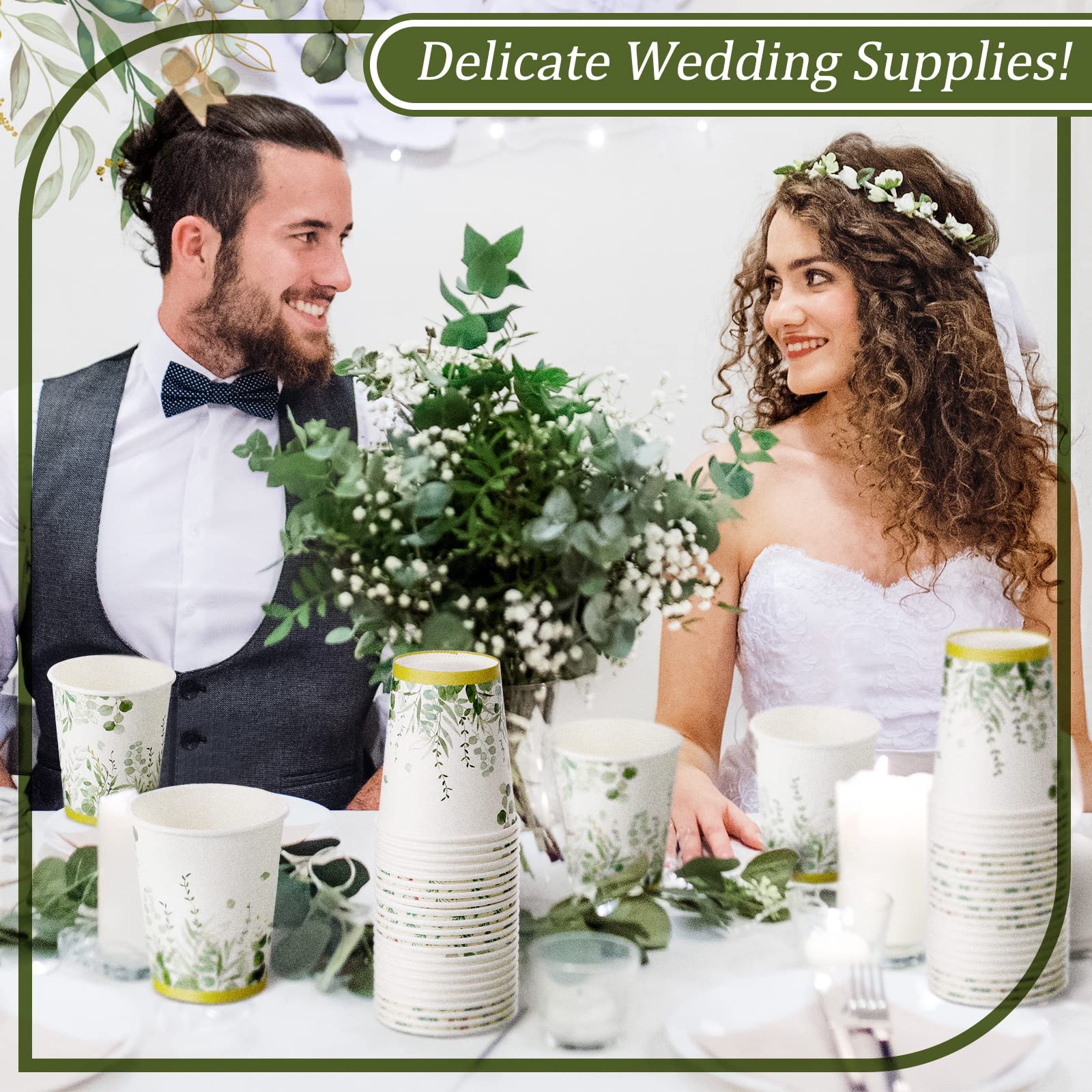 64 Pcs Eucalyptus Cups Greenery Paper Cup 9 Oz Disposable Coffee Paper Cups For Sage Green Party Decorations Bridal Shower Paper