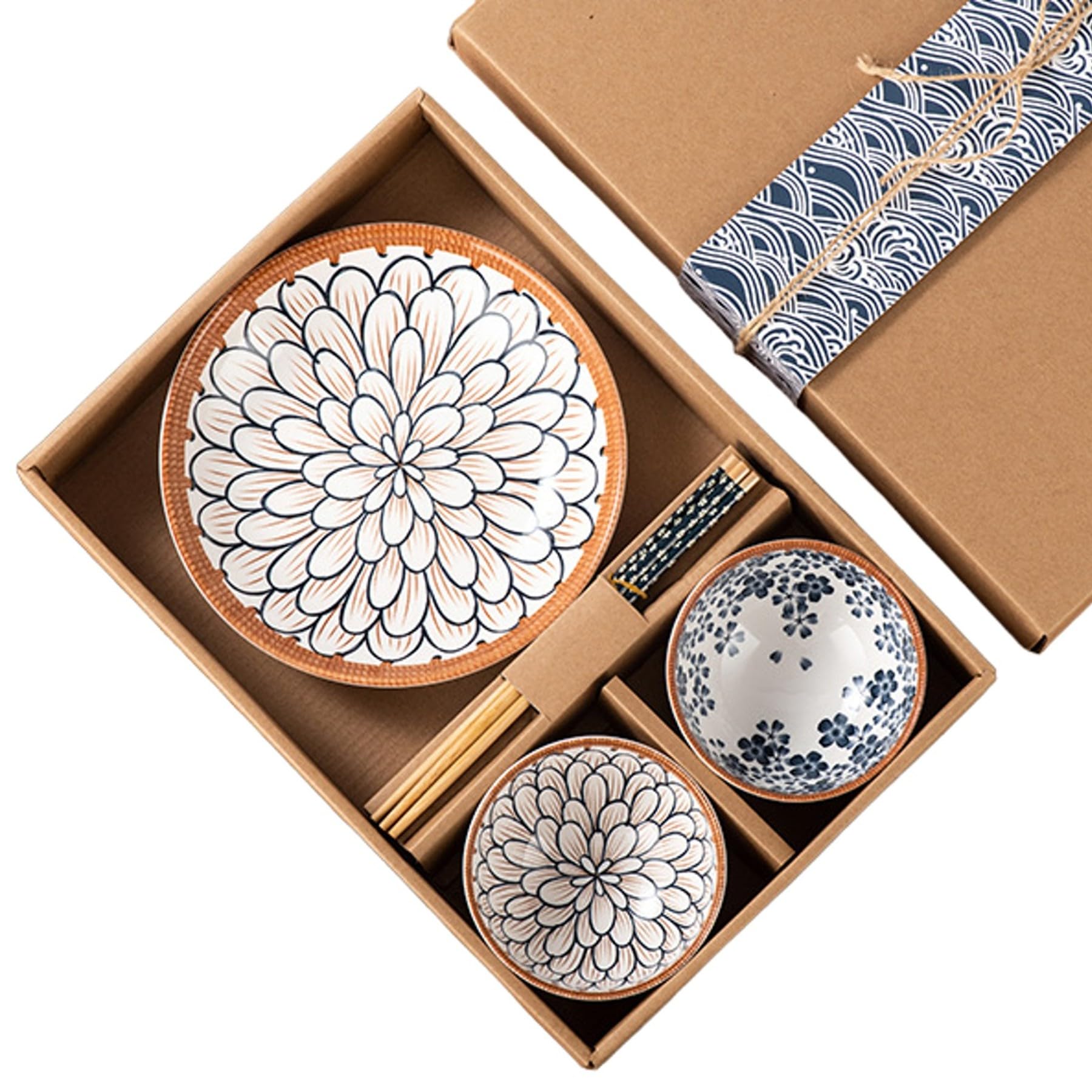 OLWICK 5 Piece Ceramic Bowls and Plates Set for Cereal, Soup, Pasta, Oatmeal, Salad and Rice, Microwave and Dishwasher Safe, Bea