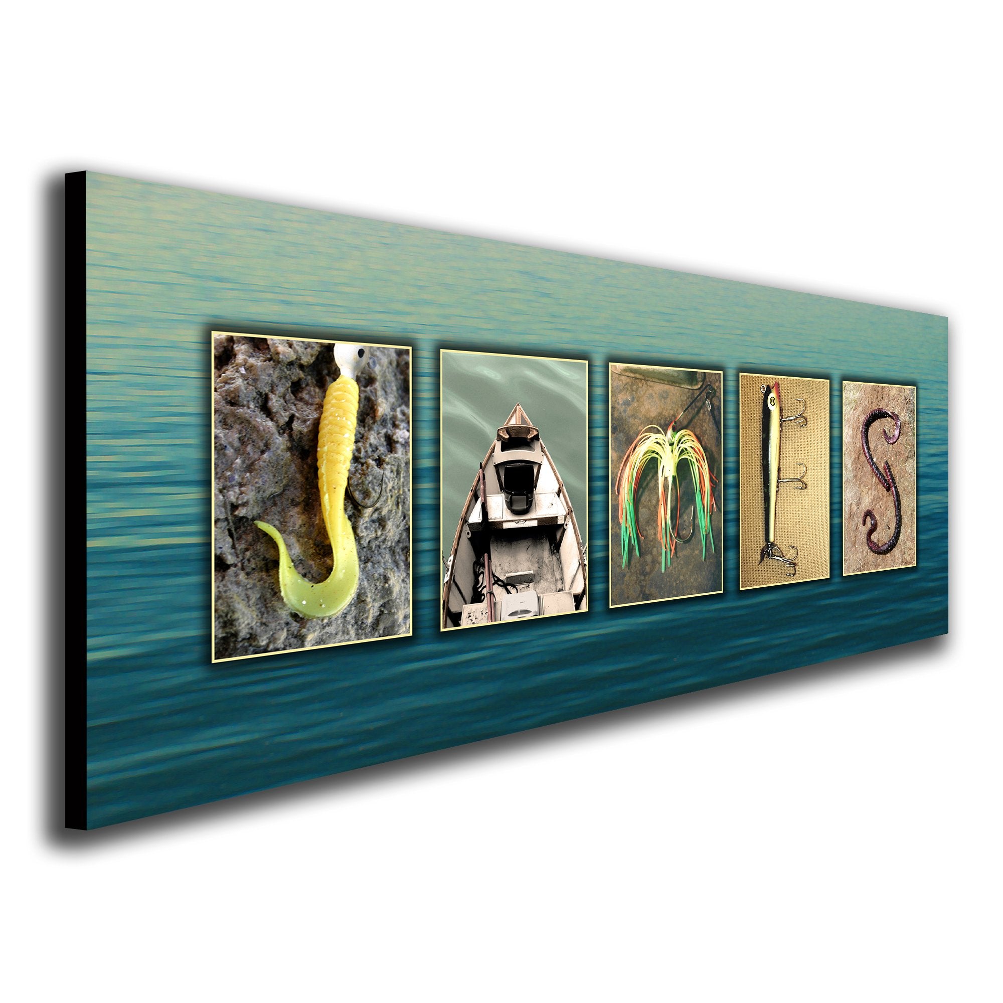 Personalized Fishing Name Alphabet Art - Perfect For The Man Cave, Office, Or Boy'S Room. (Block Mount - 6.5 X 18)