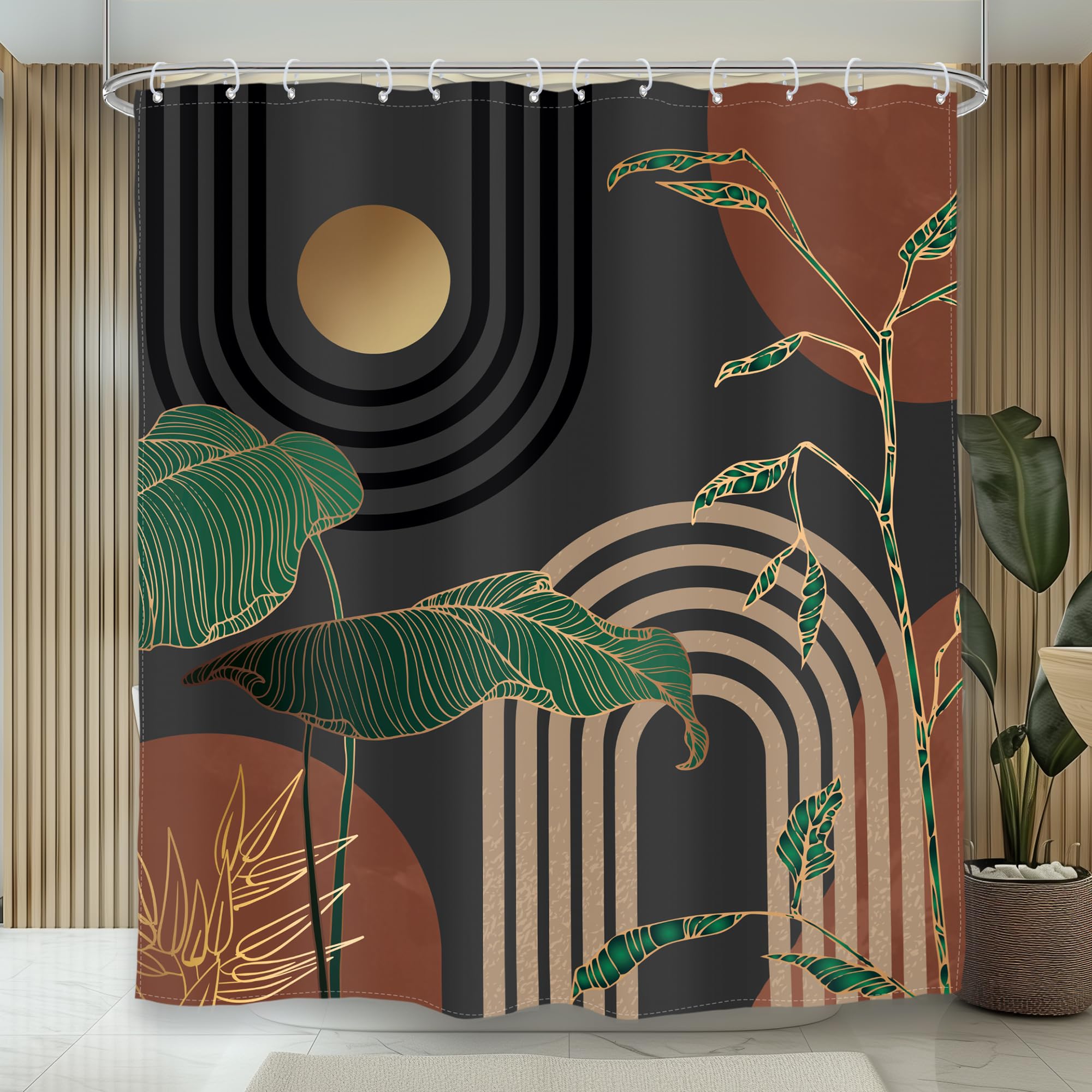 Glawry Brown Abstract Mid Century Shower Curtain Extra Long Boho Retro Tropical Palm Tree Sun Arch Modern Bathroom Simple Geomet