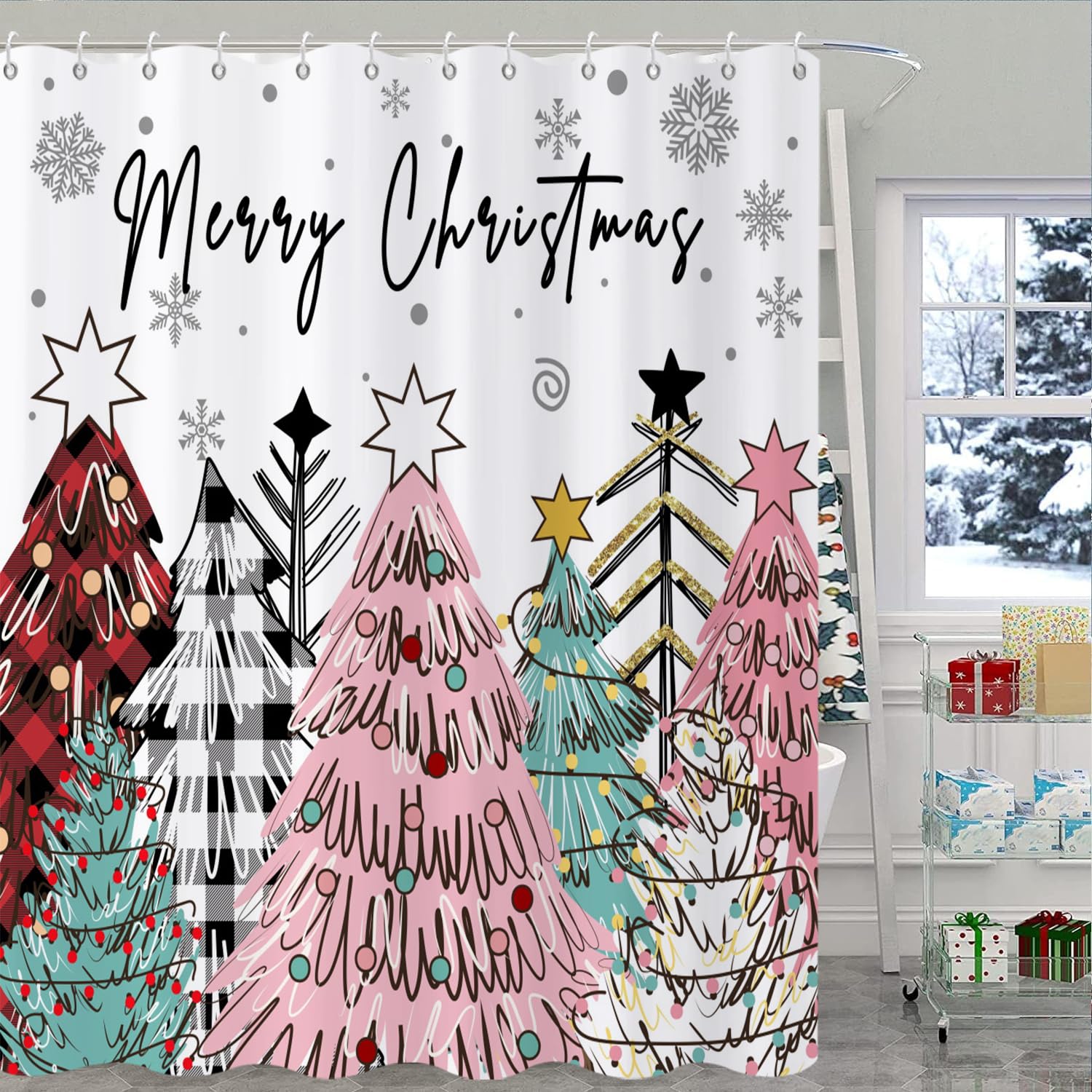 Caheansi Merry Christmas Shower Curtain, Colorful Buffalo Check Plaid Xmas Tree Winter New Year Holiday Bathroom Curtain Waterpr