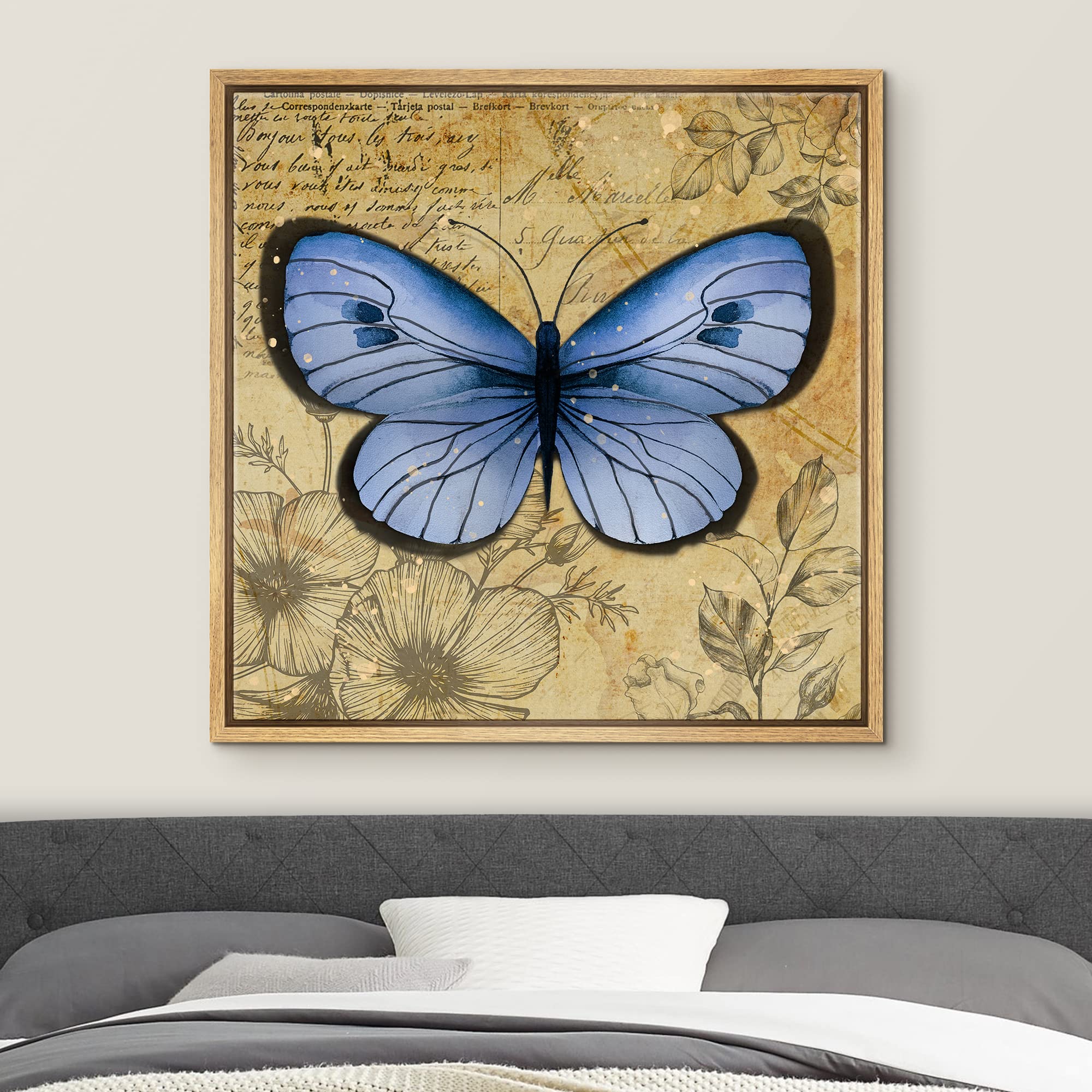 Wall26 Framed Canvas Print Wall Art Pastel Blue Butterfly Floral Pattern Nature Wilderness Rustic Modern Art Farmhouse Decorativ
