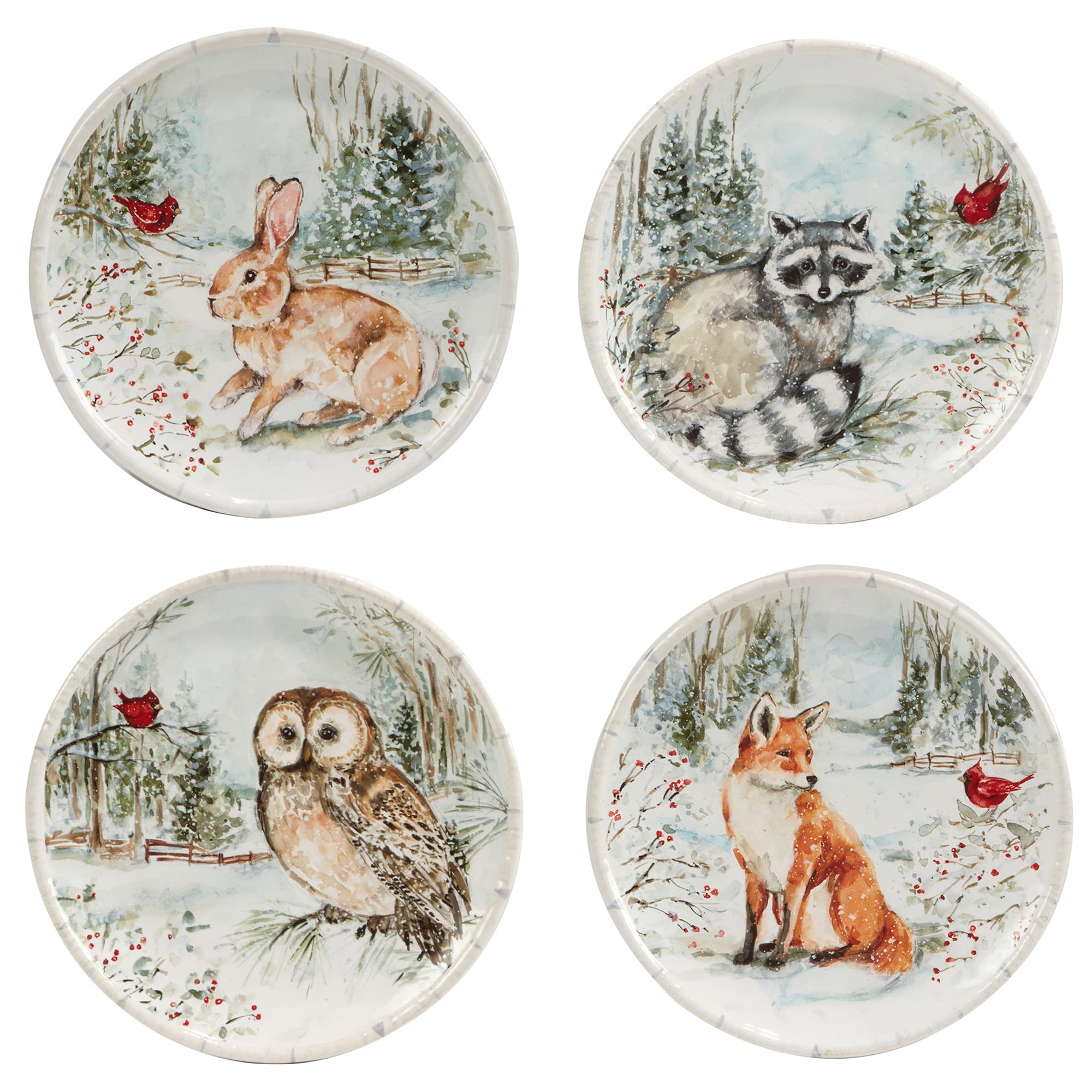 Winters Walk Set of 4 Ceramic Dessert Plates - Serve cakes, pies, or sweet treats on these charming woodland dessert plates that