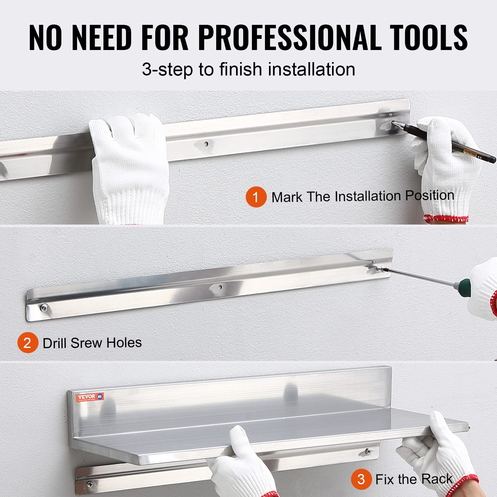 Vevor Stainless Steel Shelf, Wall Mounted Floating Shelving With Brackets, Commercial Shelves, Heavy Duty Storage Rack For Resta