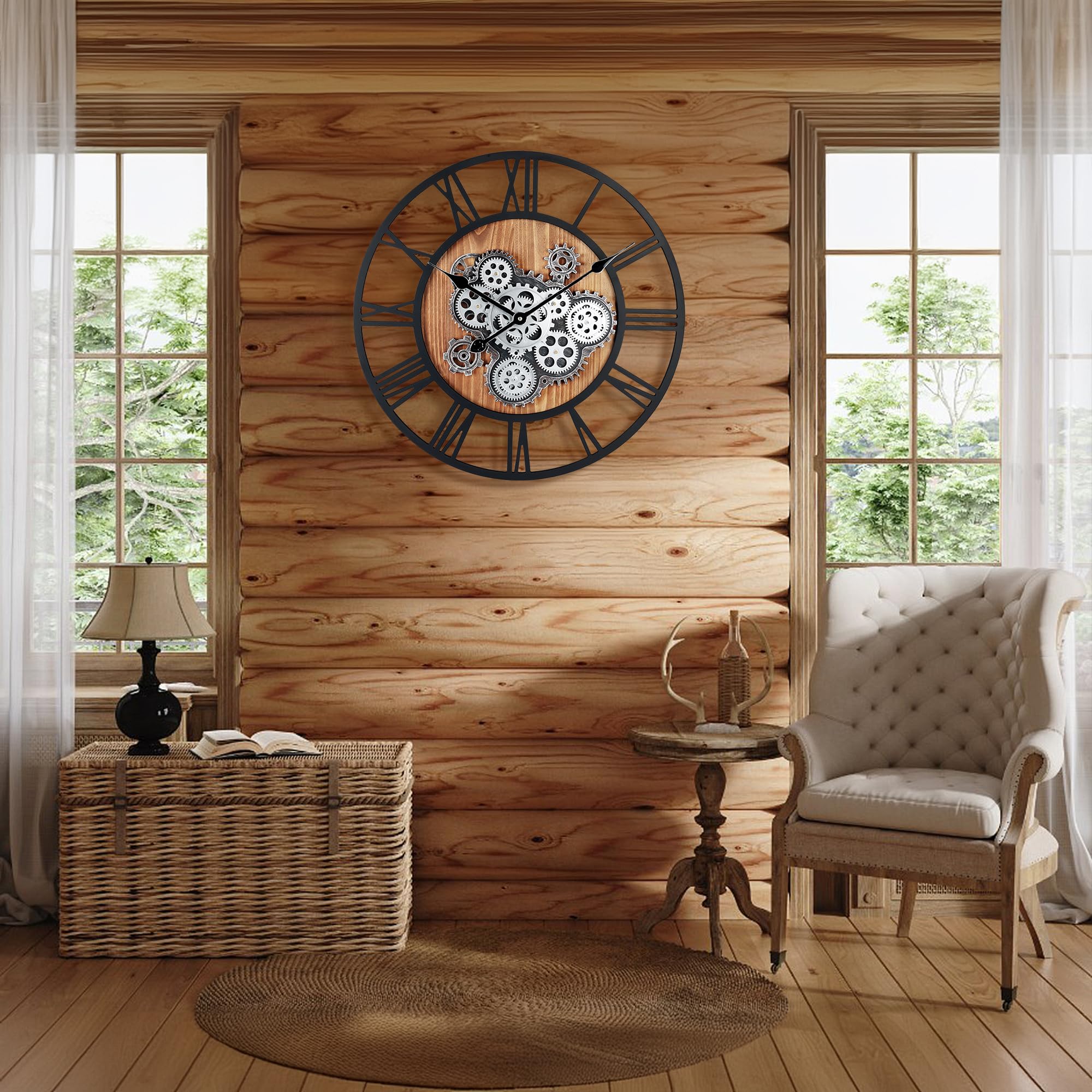 Lafocuse 23 Inch Wall clock with Moving gears Roman Numeral Wooden Large Moving gears Wall clock  Oversize Industrial Farmhouse Vintage Wall clock for Living Room Decor Office Home