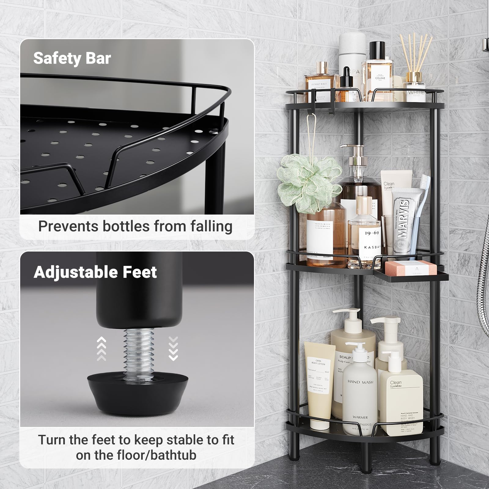 Elyken Corner Shower Caddy Standing, 3 Tier Rustproof Metal Shower Organizer With Soap Holder, Floor Shower Corner Shelf Rack St
