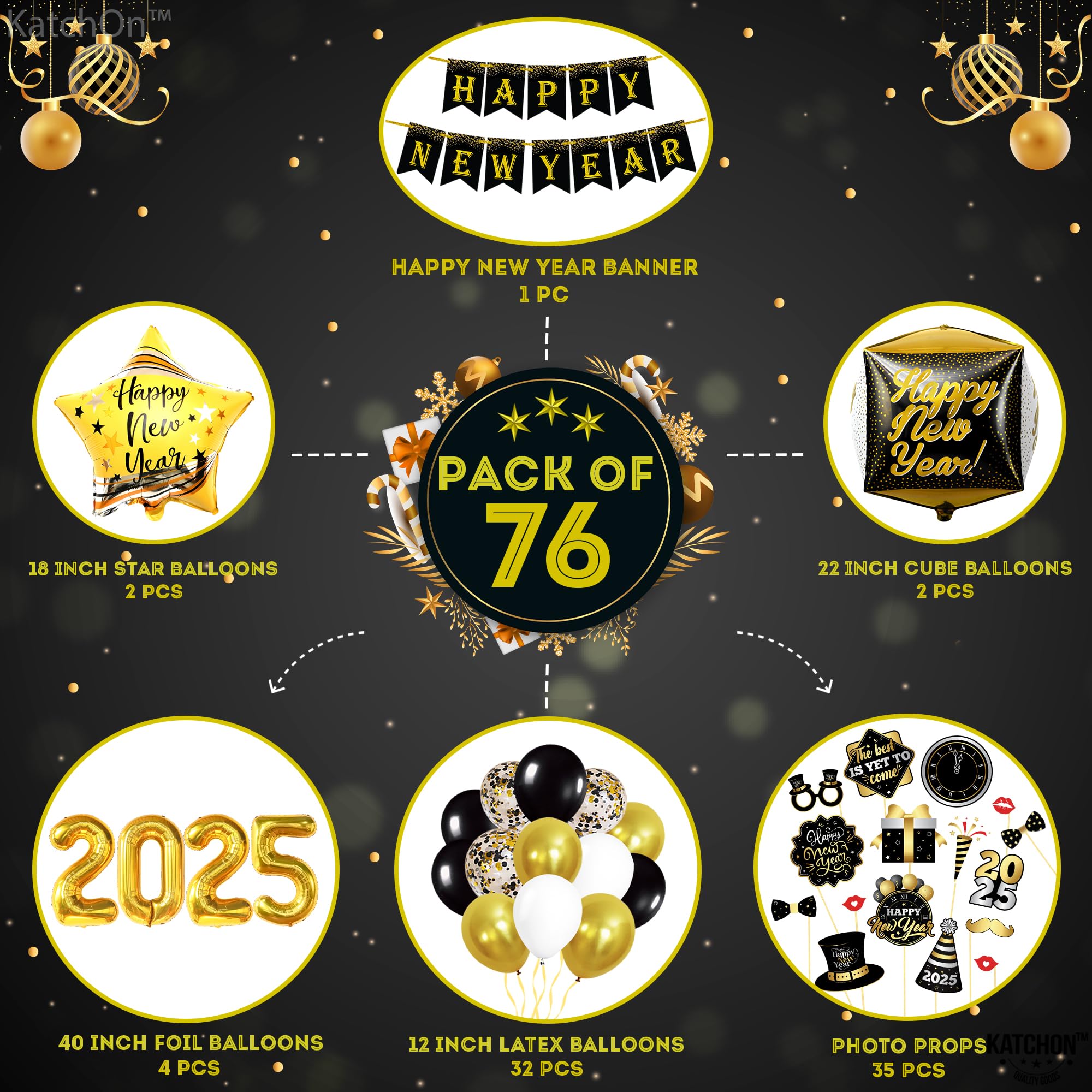 KatchOn New Year Party Supplies 2024 - Set of 76 Black & Gold Decorations, Foil Balloons & Banner for NYE Celebrations