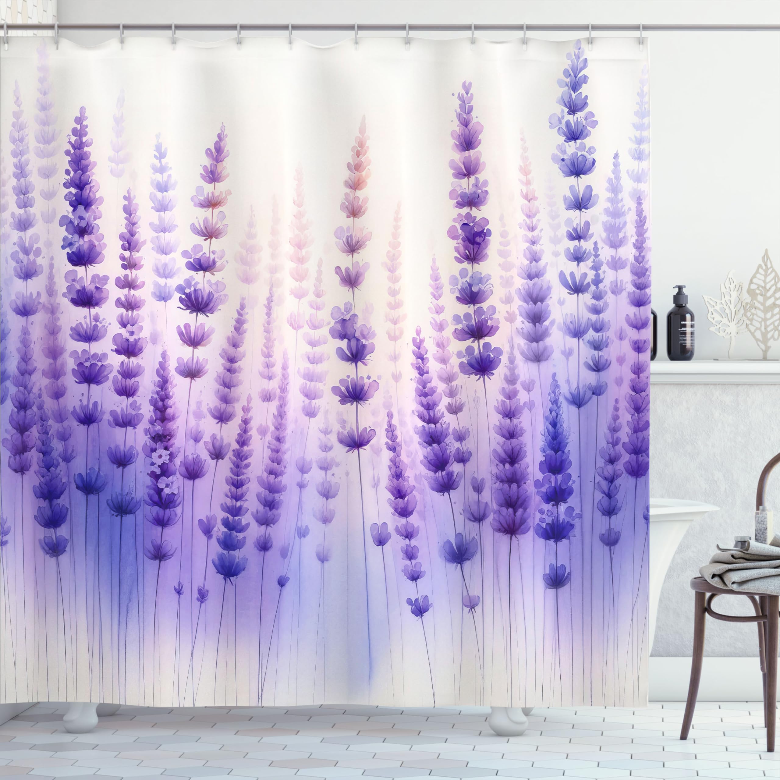 Ambesonne Lavender Shower Curtain, Dreamy Composition Of Purple Tone Tender Flowers With Aquarelle Look Details, Cloth Fabric Ba