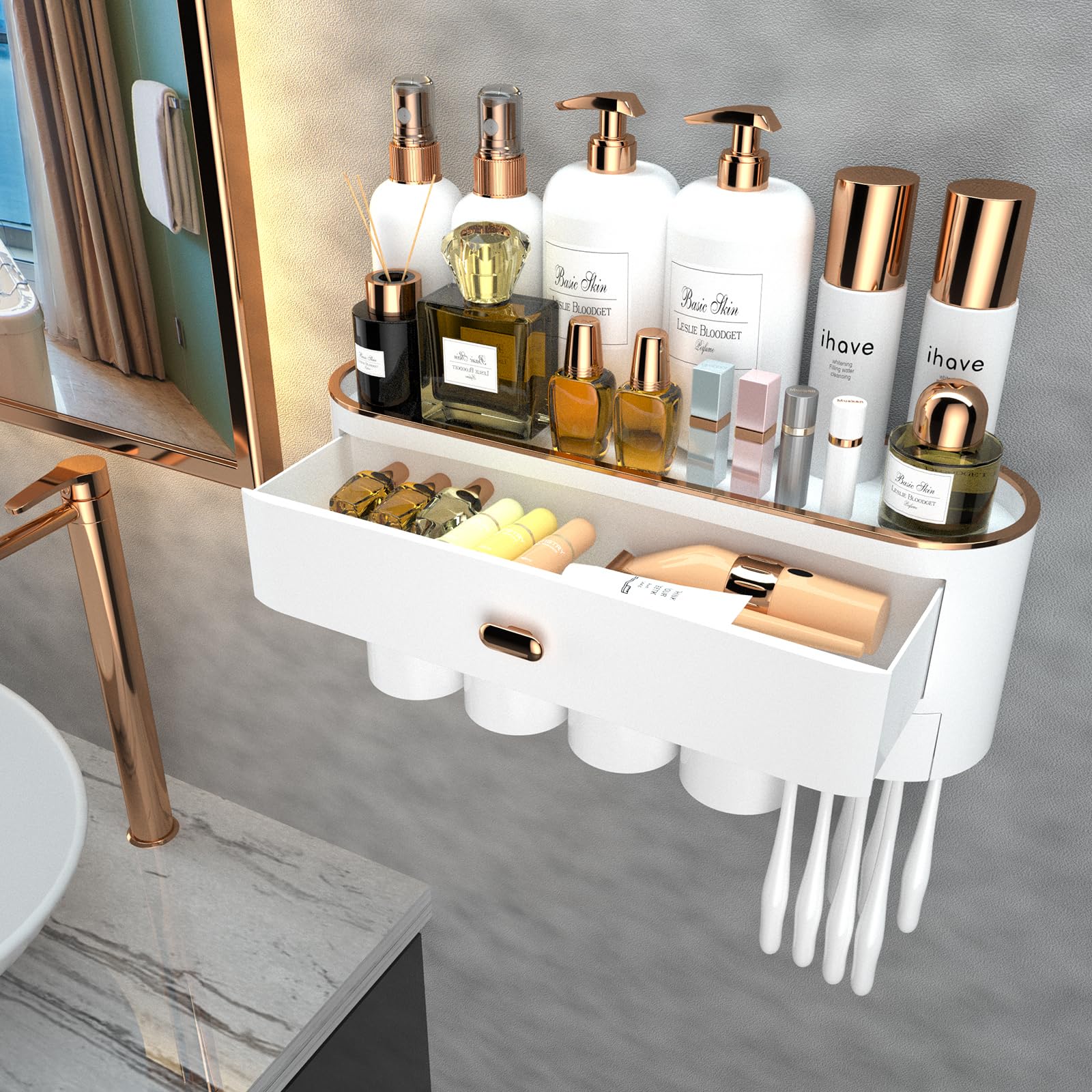 Ihave Toothbrush Holders For Bathrooms, 4 Cups Toothbrush Holder Wall Mounted With Large Capacity Drawer And Tray - Bathroom Sto