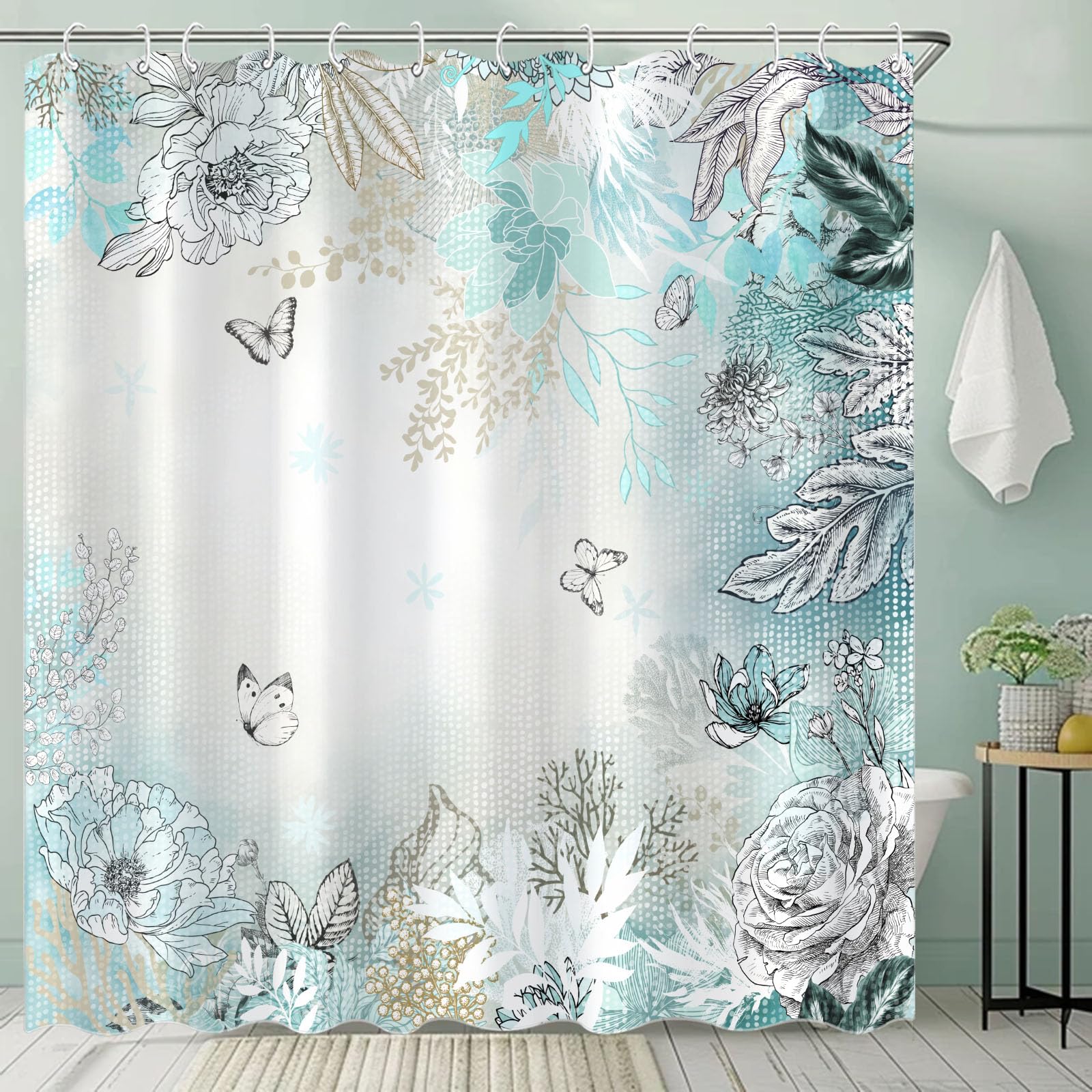 Zussun Teal And White Floral Shower Curtain Modern Sketch Flower Plant Leaf Shower Curtains For Bathroom Pretty Butterfly Waterp