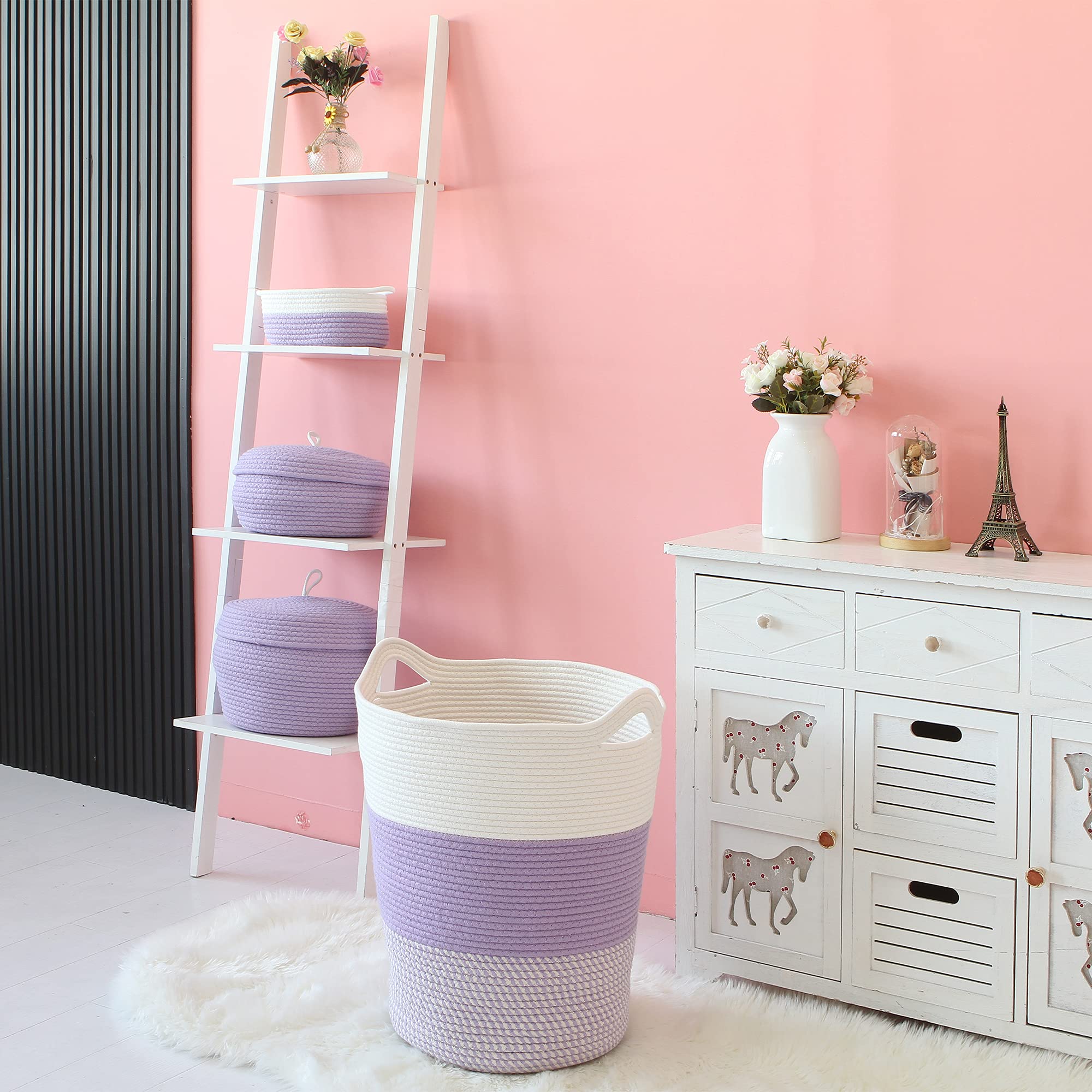 Sea Team Large Size Cotton Rope Woven Storage Basket With Handles, Laundry Hamper, Fabric Bucket, Drum, Clothes Toy Organizer Fo