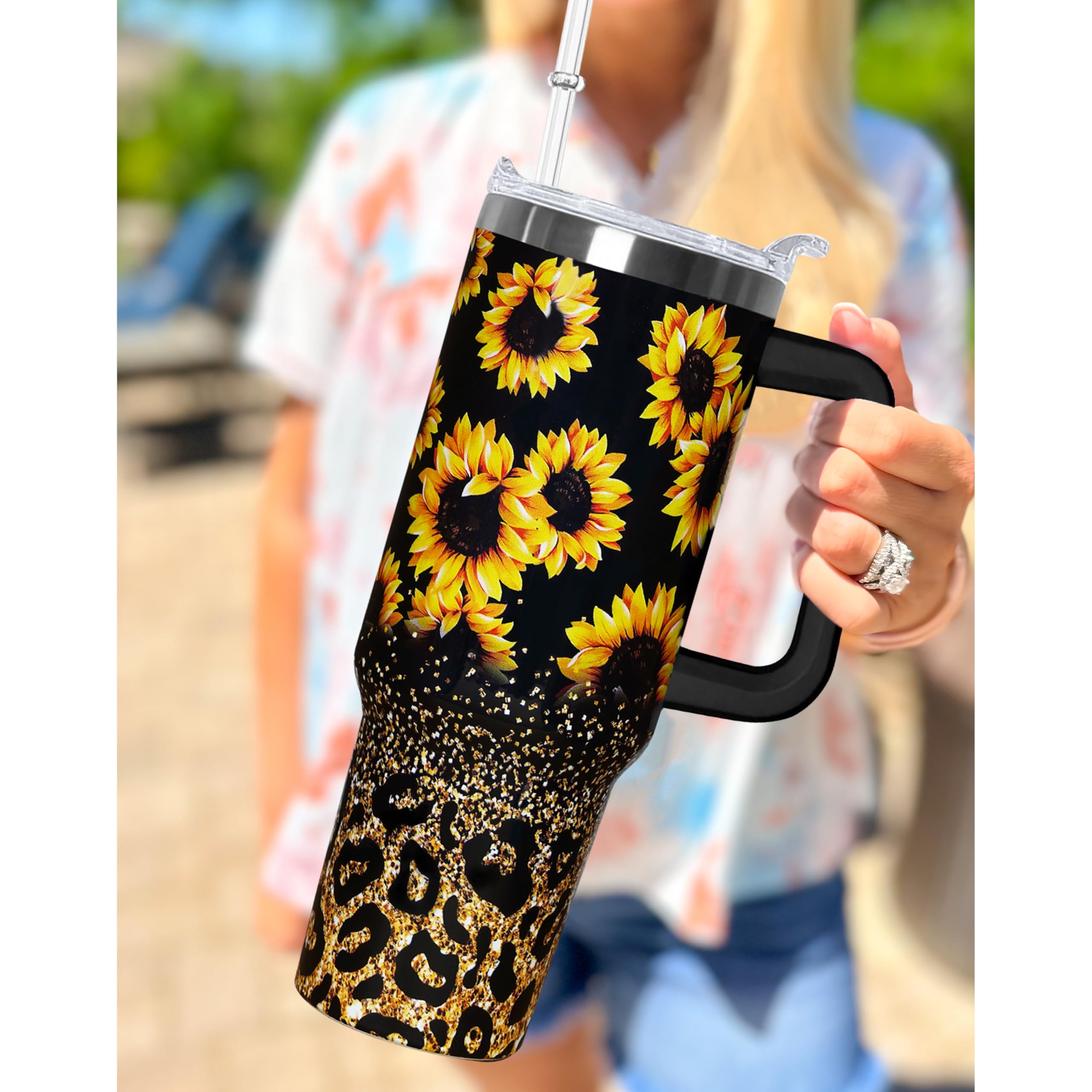 Omezin 40 Oz Sunflower Tumbler With Handle - 40oz Double Insulated Travel Coffee Mug With Lid and Straw - Sunflower Gifts For Wo