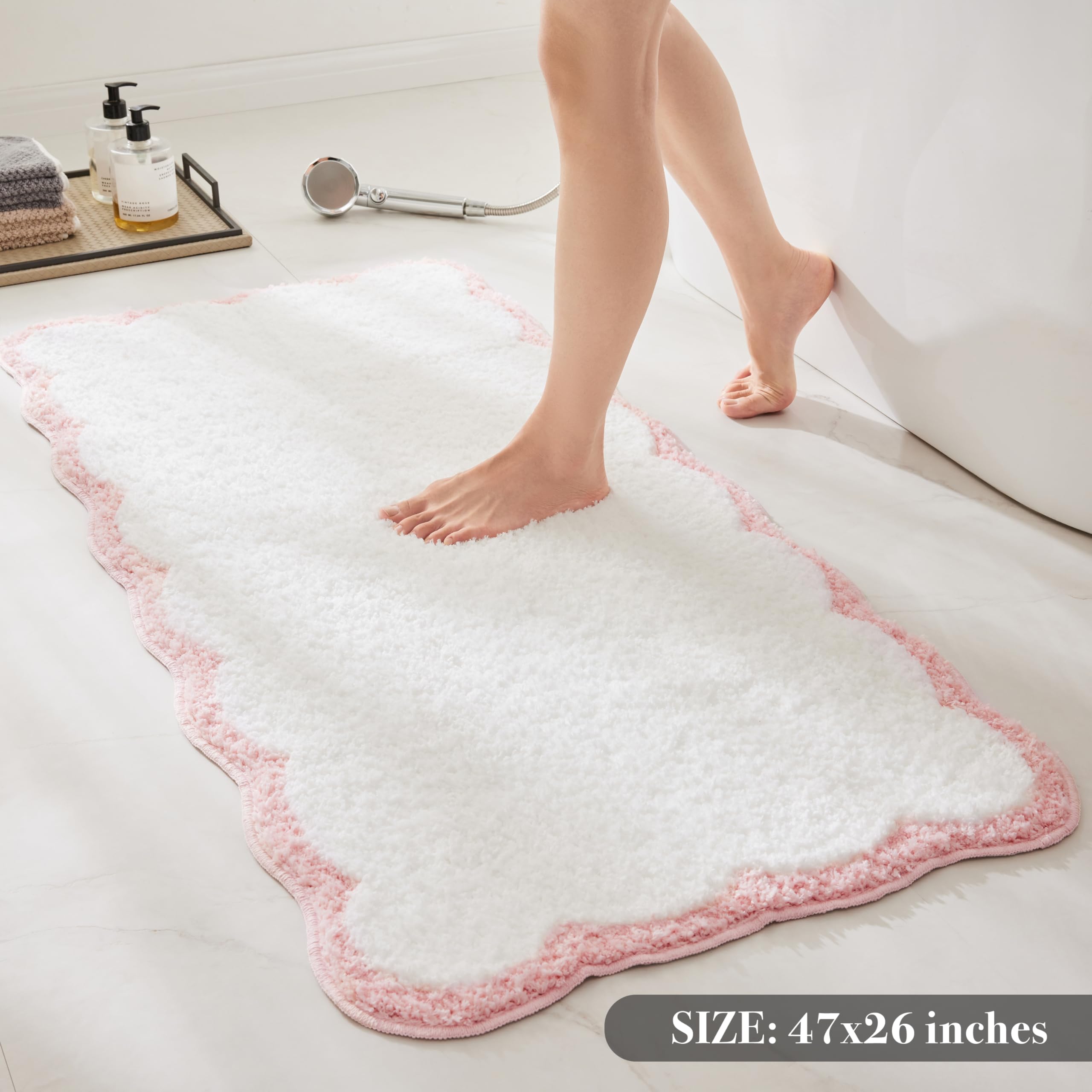 Ohocut Luxury Microfiber Scalloped Runner Rug, White Bath Rug With Pink Scalloped Piping Cute Aesthetic Bath Mat For Bathroom, T