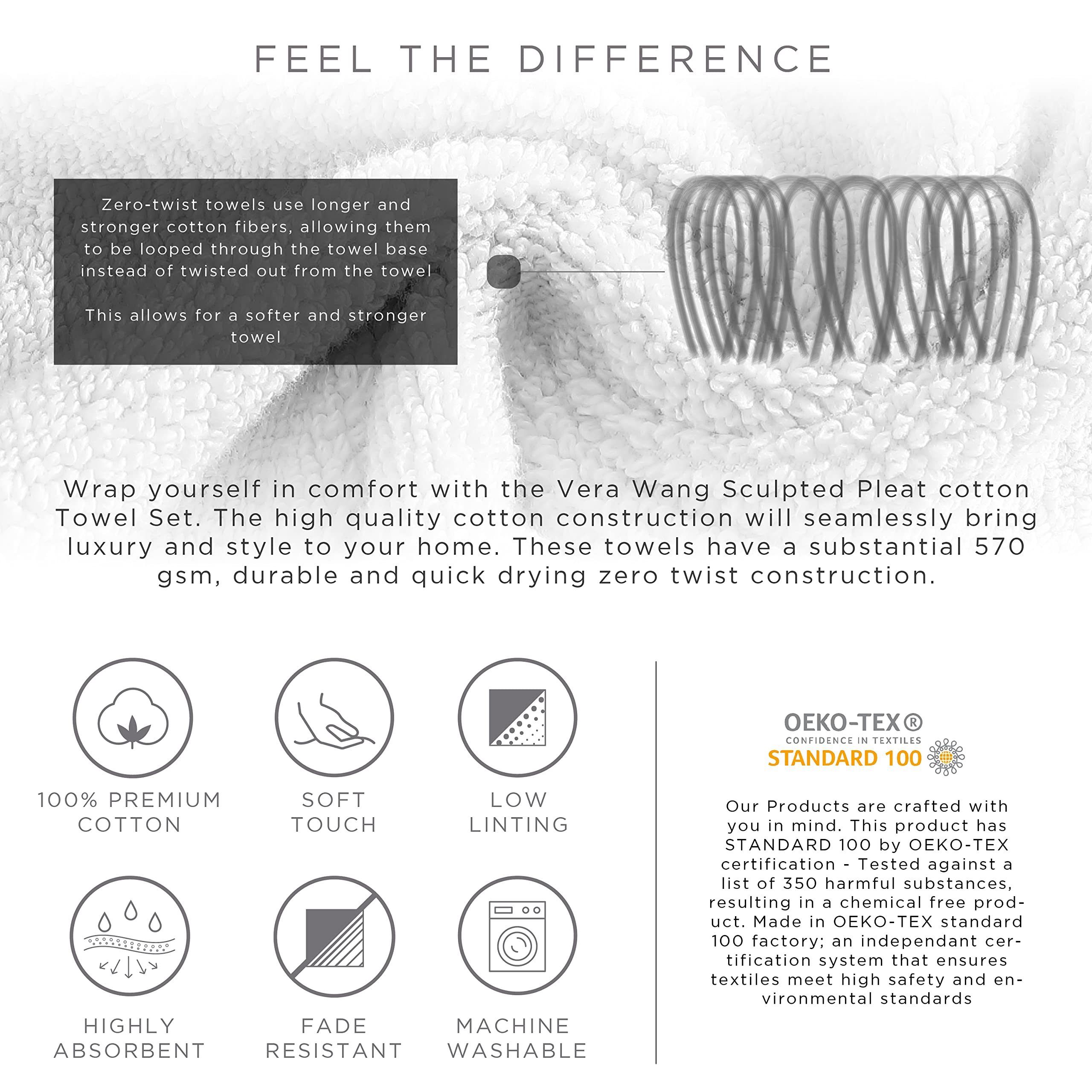 Vera Wang - Bath Towels Set, Luxury Cotton Bathroom Decor, Highly Absorbent & Medium Weight (Sculpted Pleat Grey, 6 Piece)