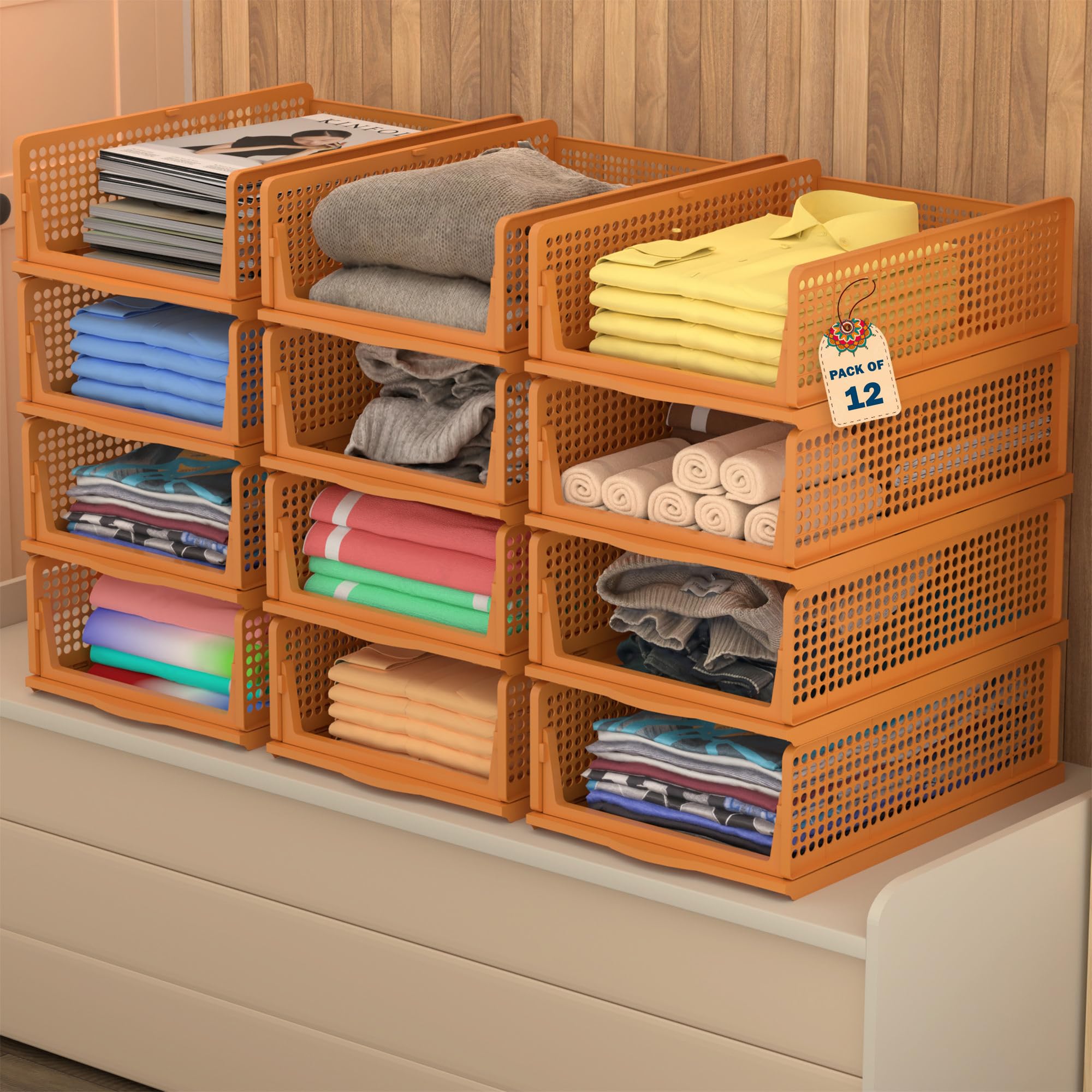 Kuber Industries Pack Of 12 Plastic Stackable Cloth Organizer For Storage | Foldable Clothes Rack For Wardrobe | Almirah & Cupbo
