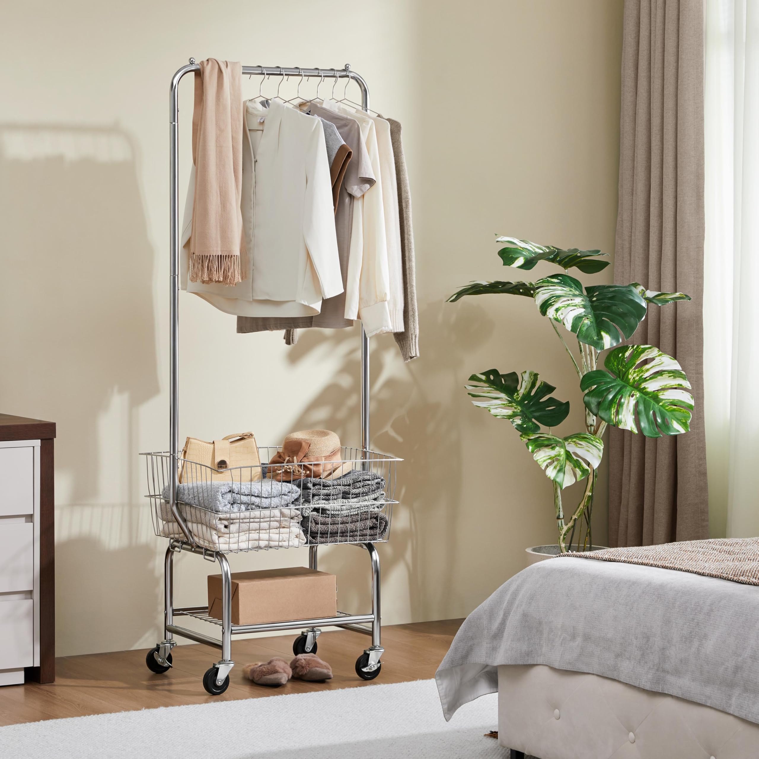 Yaheetech Laundry Cart With Wheels, Rolling Laundry Bakset With Hanging Rack, Silver Laundry Organizer, Chrome-Plated Metal Wire