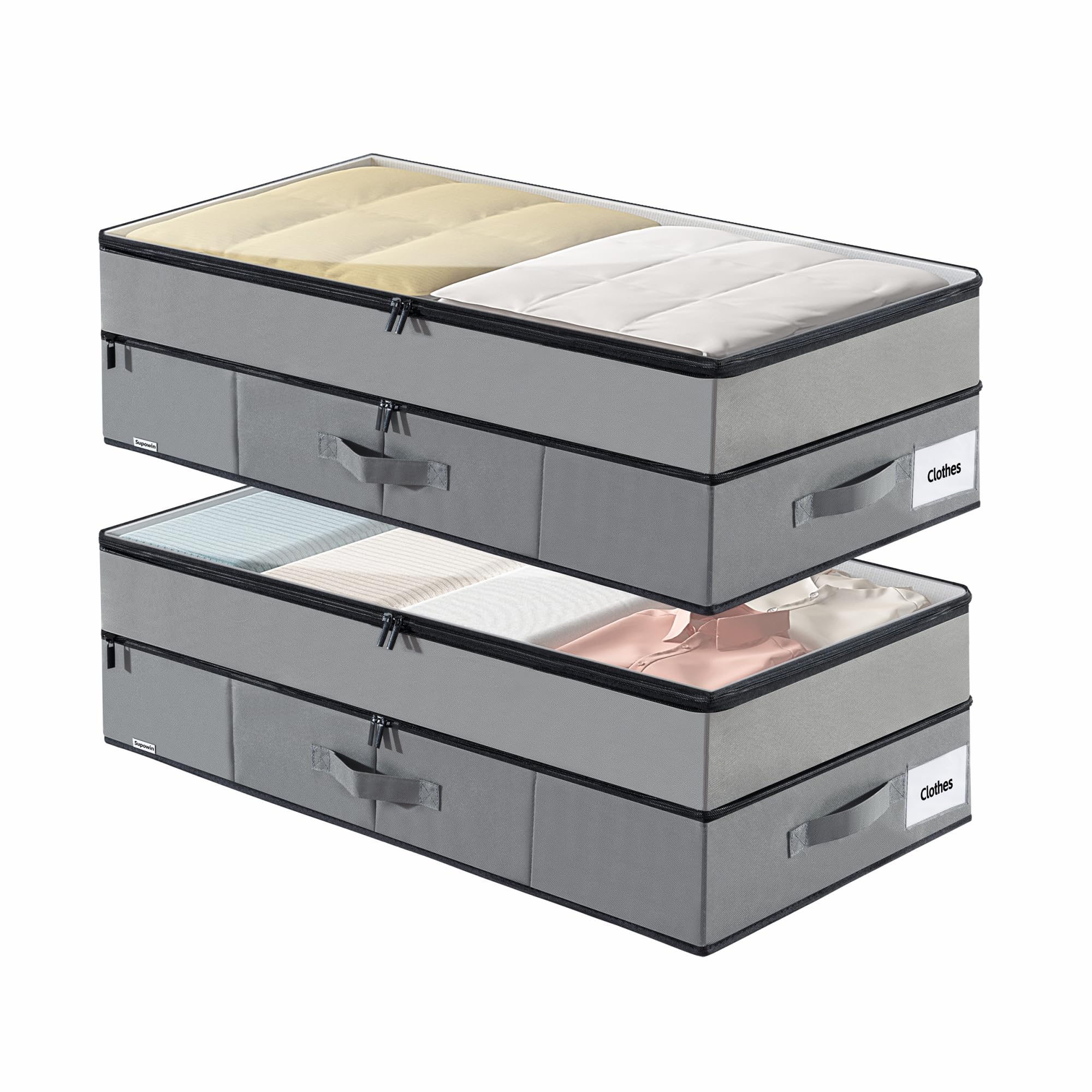 Supowin Large Under Bed Storage Containers, 2-Pack Double Layer Underbed Storage Bins with 3 Handles, 70L Extensible/Closed Clot