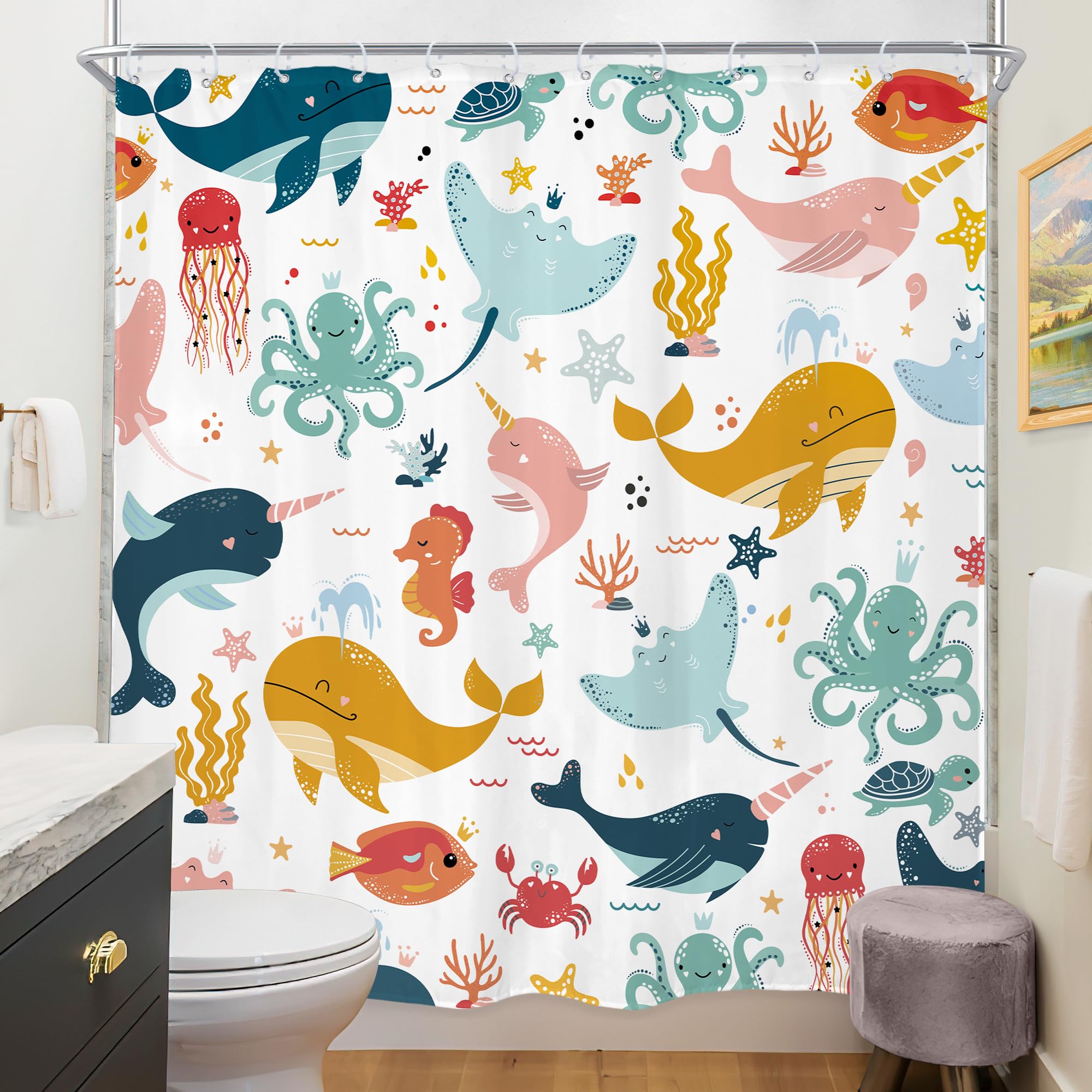 Riyidecor Funny Whale Kids Shower Curtain 72Wx72H Inch Cartoon Dolphin Curtains Cute Marine Animal Ocean Fish Underwater Sealife