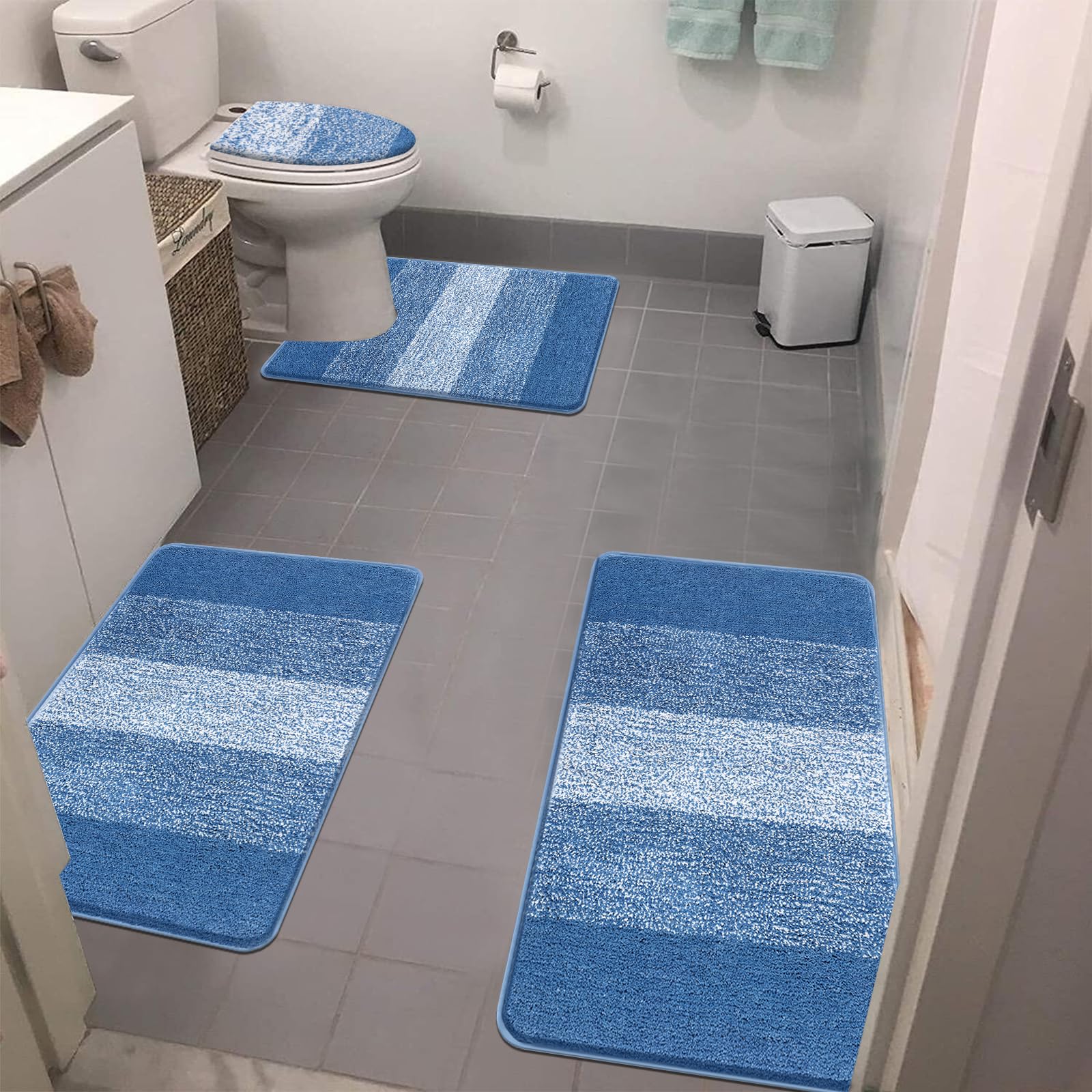 Bsmathom Bathroom Rugs Sets 4 Piece With Toilet Cover, Plush Shaggy Microfiber Bath Rugs Non Slip, Absorbent Machine Washable Ba