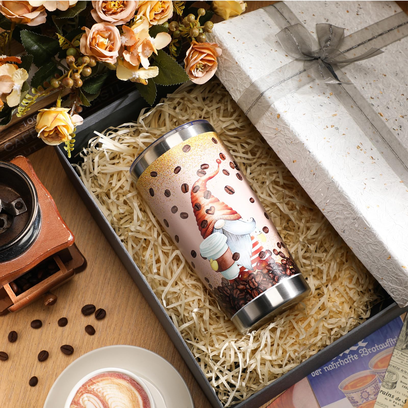 Havawish Gnome Coffee Tumbler 20Oz Glitter Brown Coffee Gnome Cup Tumbler With Lid And Straw Coffee Lovers Gift Insulated Travel