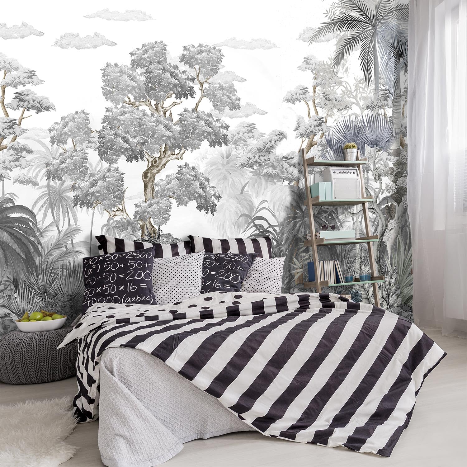 YIHWM -Tropical Rainforest Botanical Grey Jungle Forest Fabric Wallpaper Living Room Palm Leaf Plant Bedroom Bathroom Large Wall
