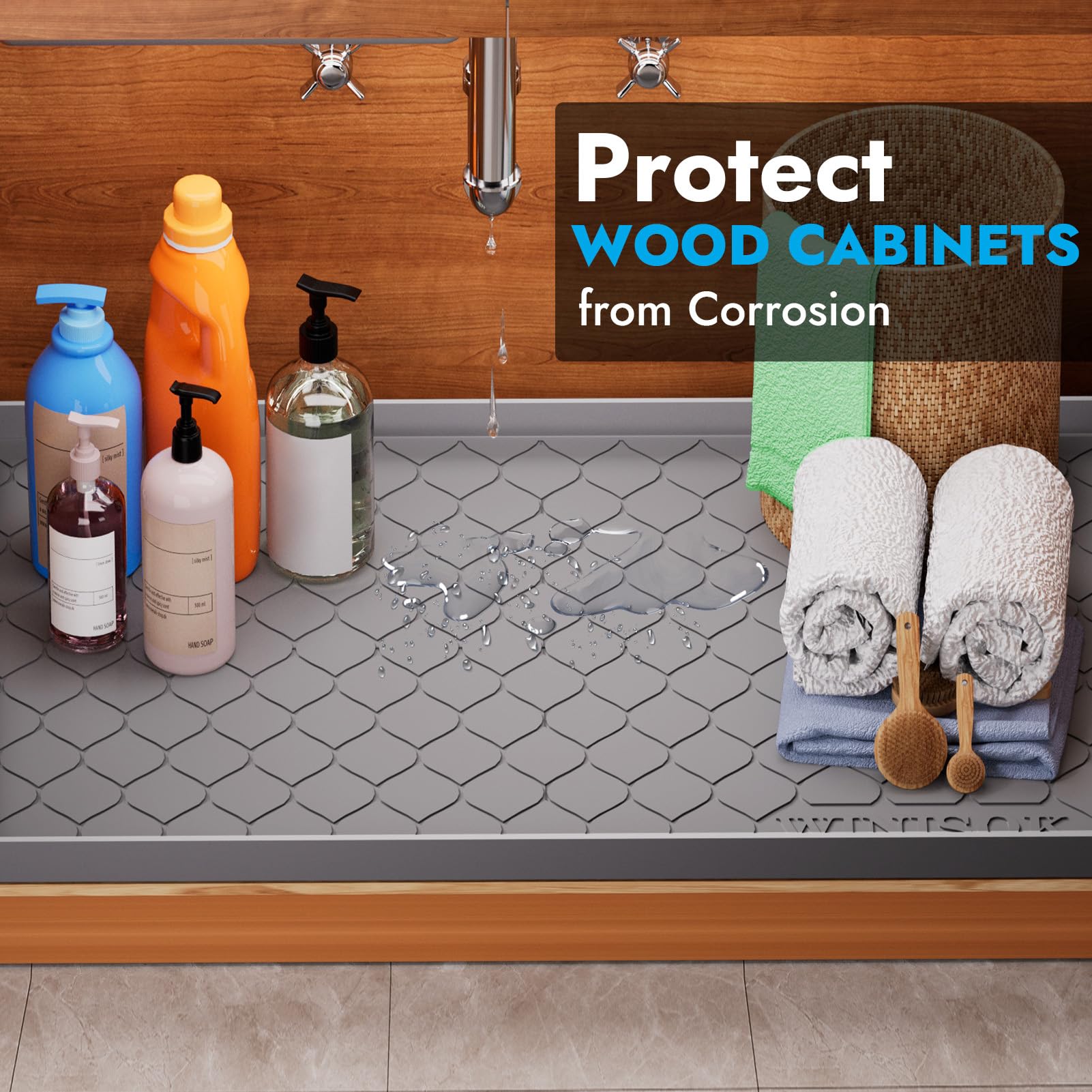 Winisok Silicone Under Sink Mat, Waterproof Kitchen Organizer, 34" x 22", Dark Gray