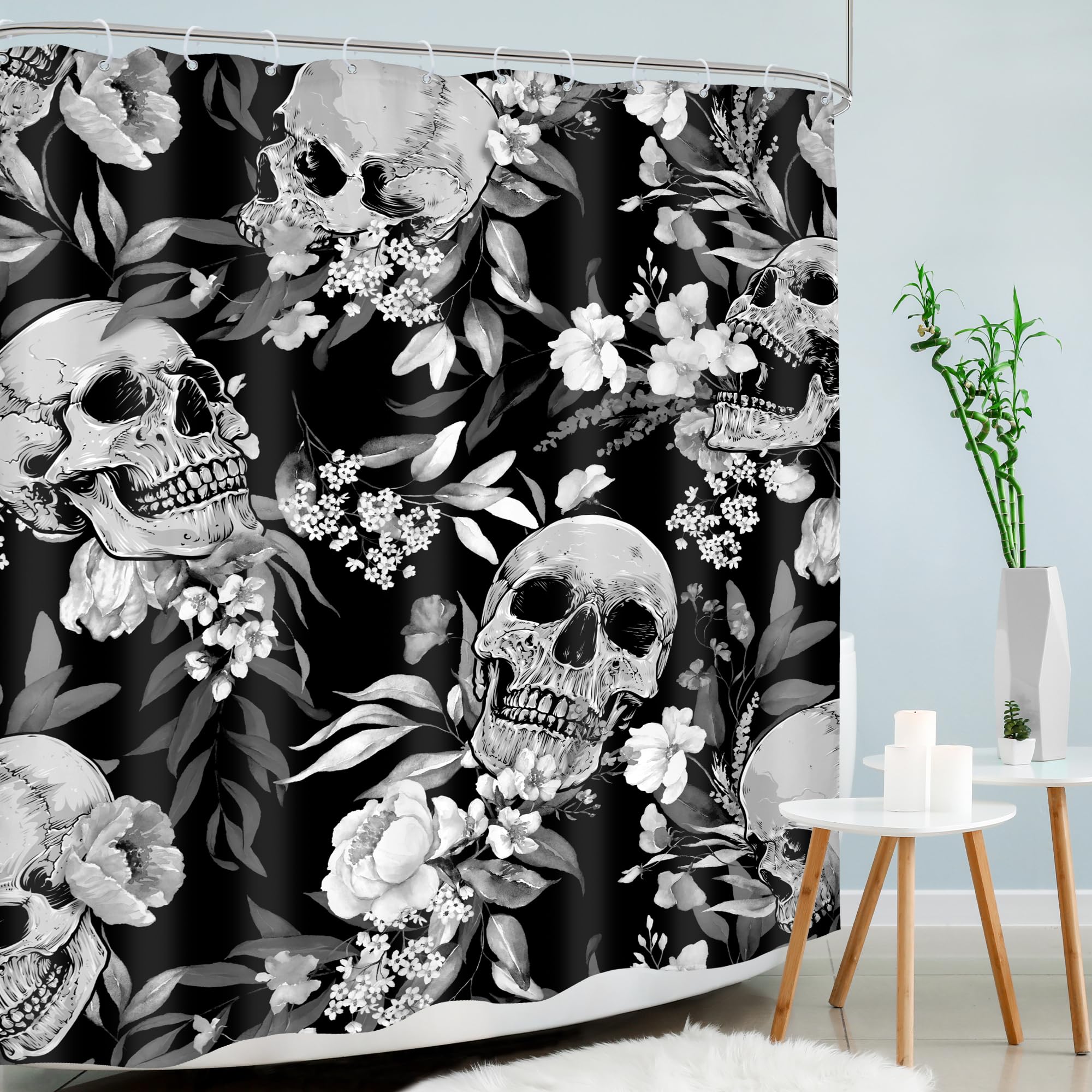 Mitpok Gothic Sugar Skull Shower Curtain 60Wx72H Black White Skeleton Goth Retro Spooky Flower Floral Halloween Plant Leaves Bot